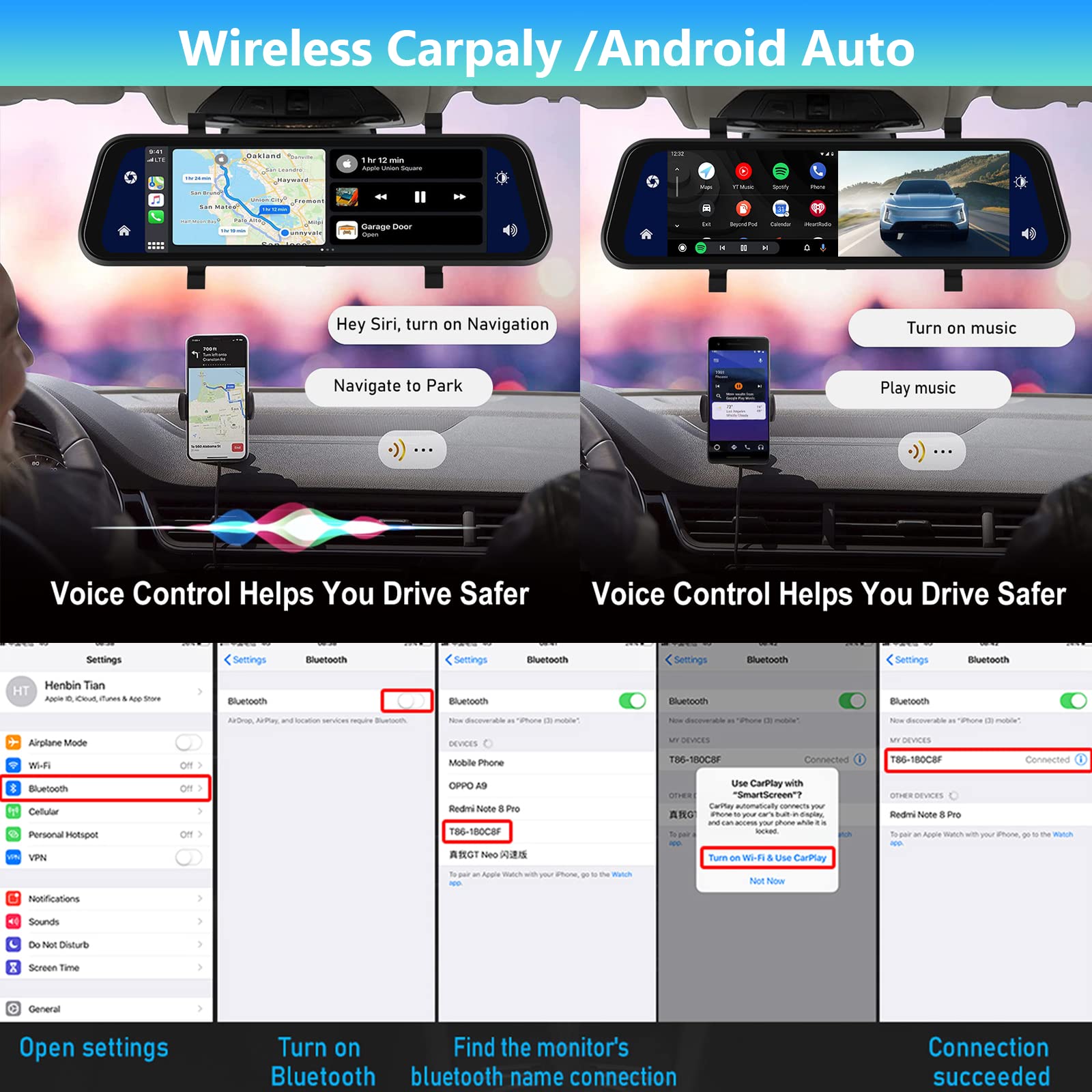 9.66 Inch Wireless Bluetooth Carplay Dash Cam with Rearview Mirror & Reversing Camera - 1080P HD Touch Screen, Night Vision, G-Sensor, 32GB SD Card (140° Front/170° Rear View) - Perfect for Safe Driving, Parking Assistance & Road Trip Recording