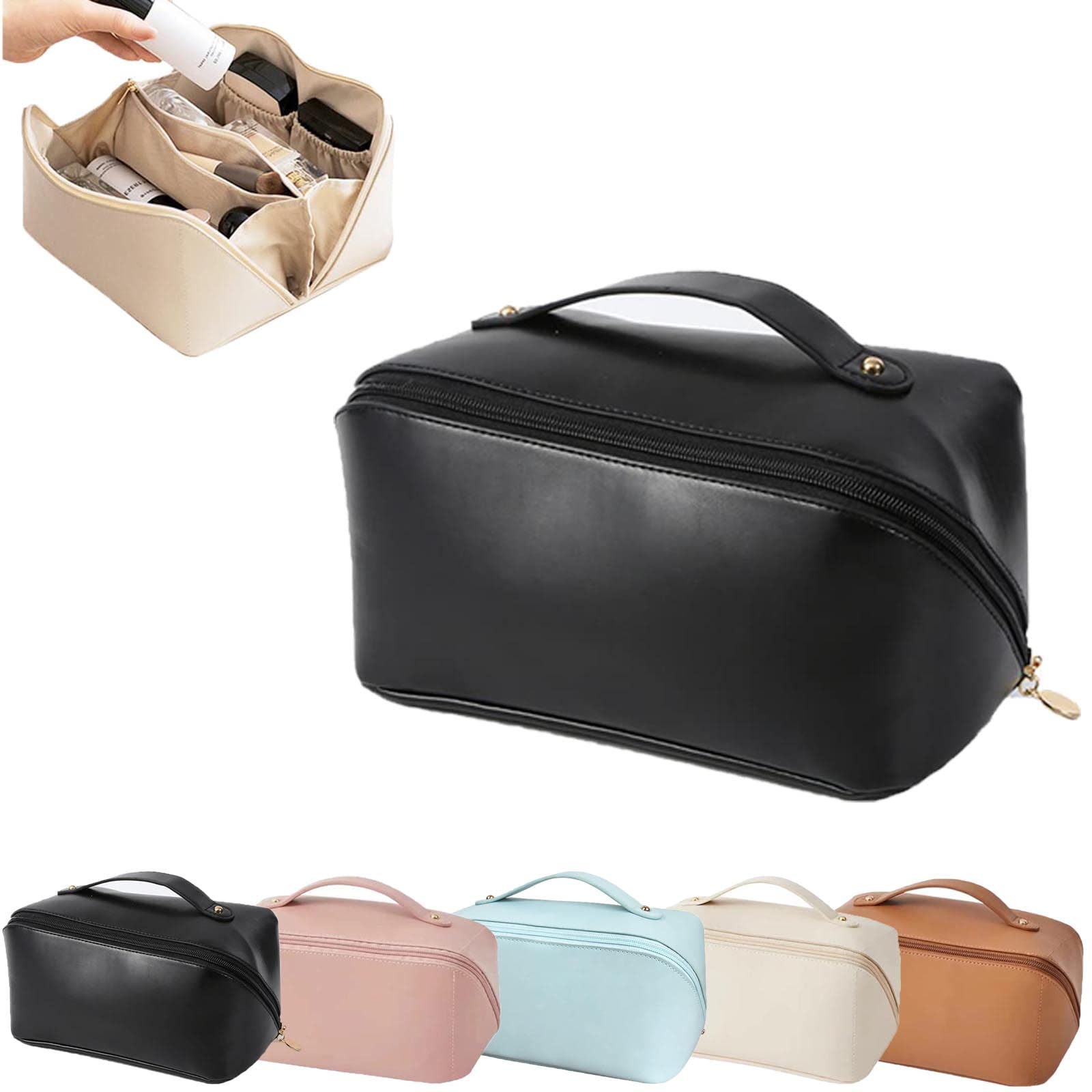 Waterproof Leather Makeup Bag for Travel - Large Capacity with Brush Slots & Dividers (Black) - Perfect for Cosmetics & Toiletries