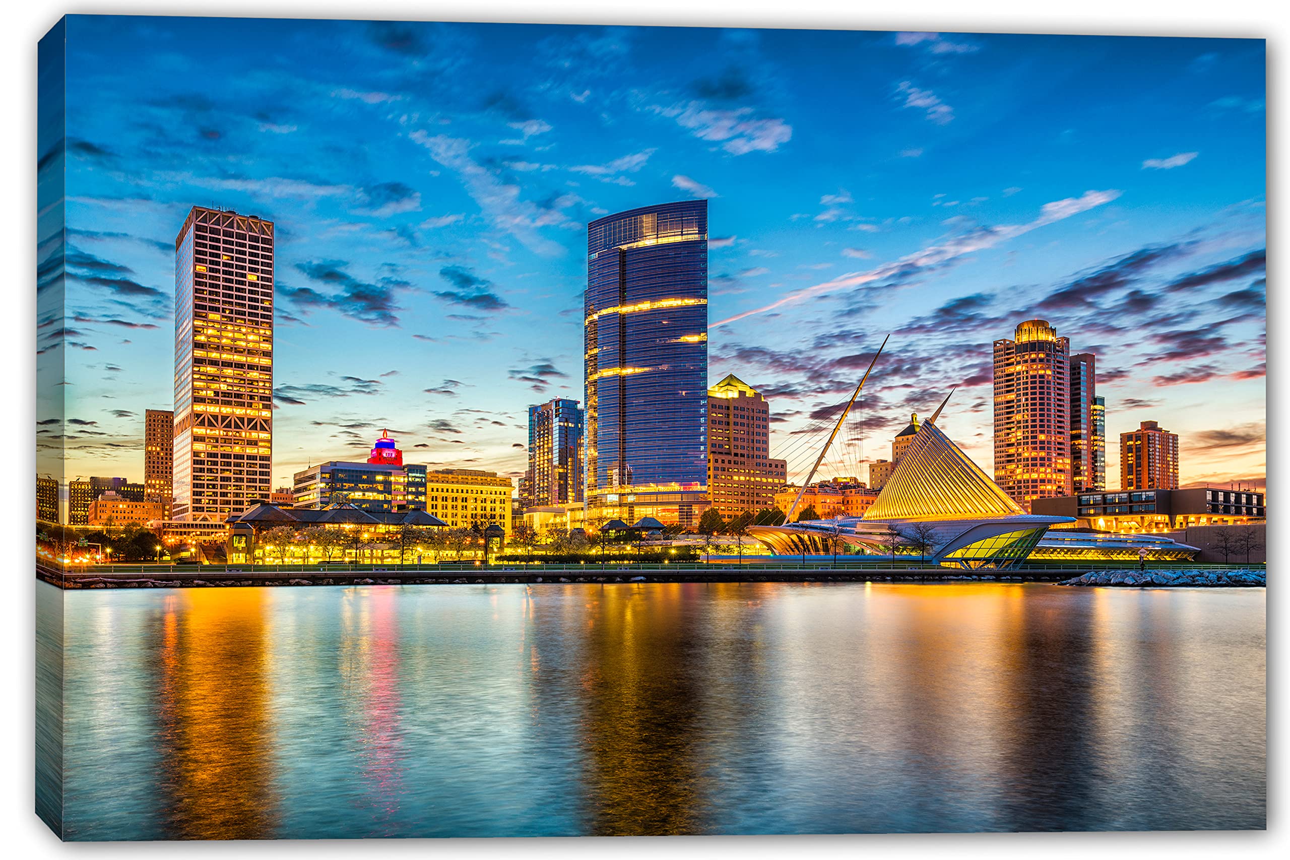 36 x 24 Milwaukee WI Skyline Canvas Print - Blue Skies Wall Art Decor for Home & Office | Wisconsin Landscape Painting for Living Room, Bedroom