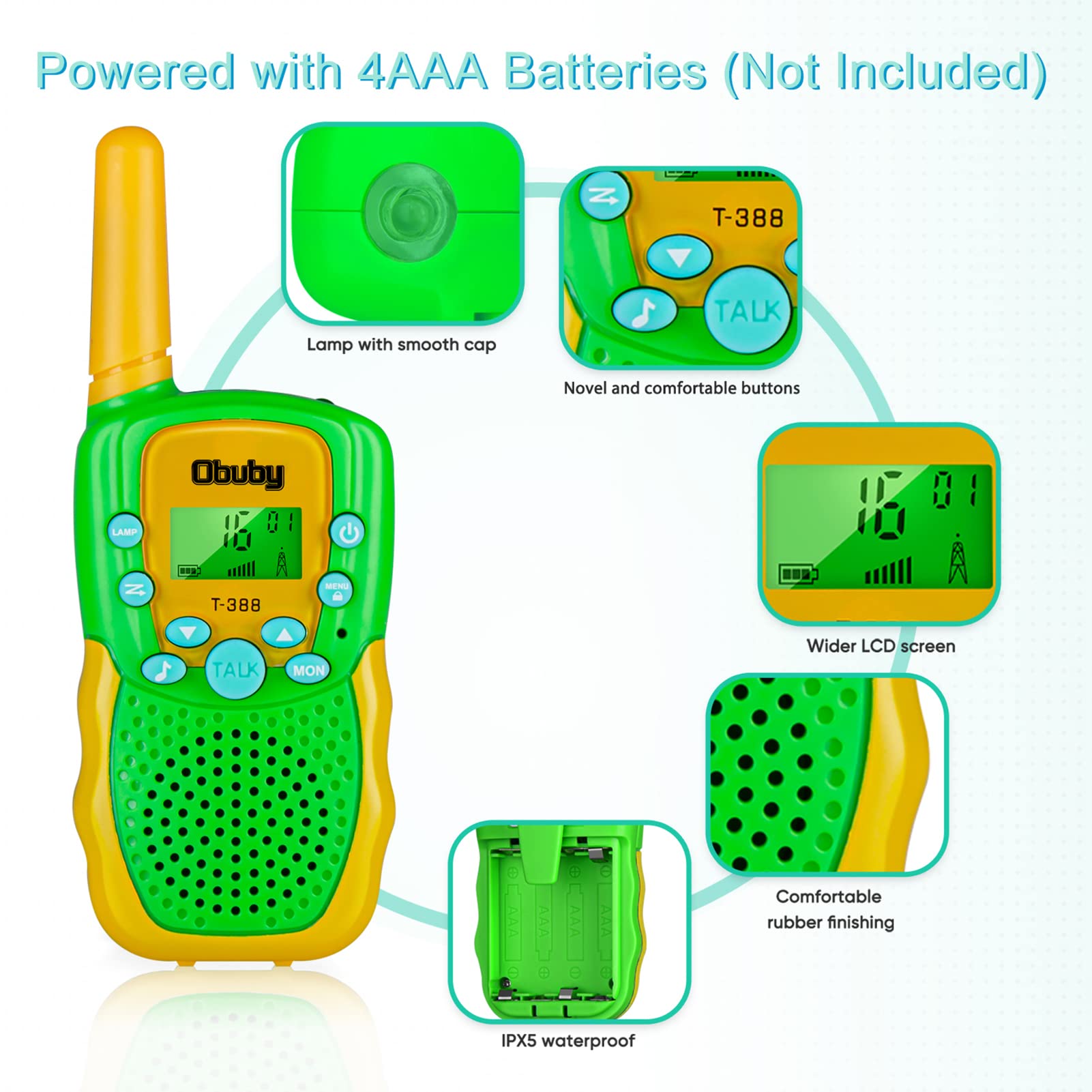 Obuby Kids Walkie Talkies - 22 Channel 2 Way Radios with LCD Backlit Flashlight, 3KM Range - Best Outdoor Toys Gift for Boys & Girls Ages 3-12 - Perfect for Hiking, Camping, Backyard Adventures & Family Outdoor Activities
