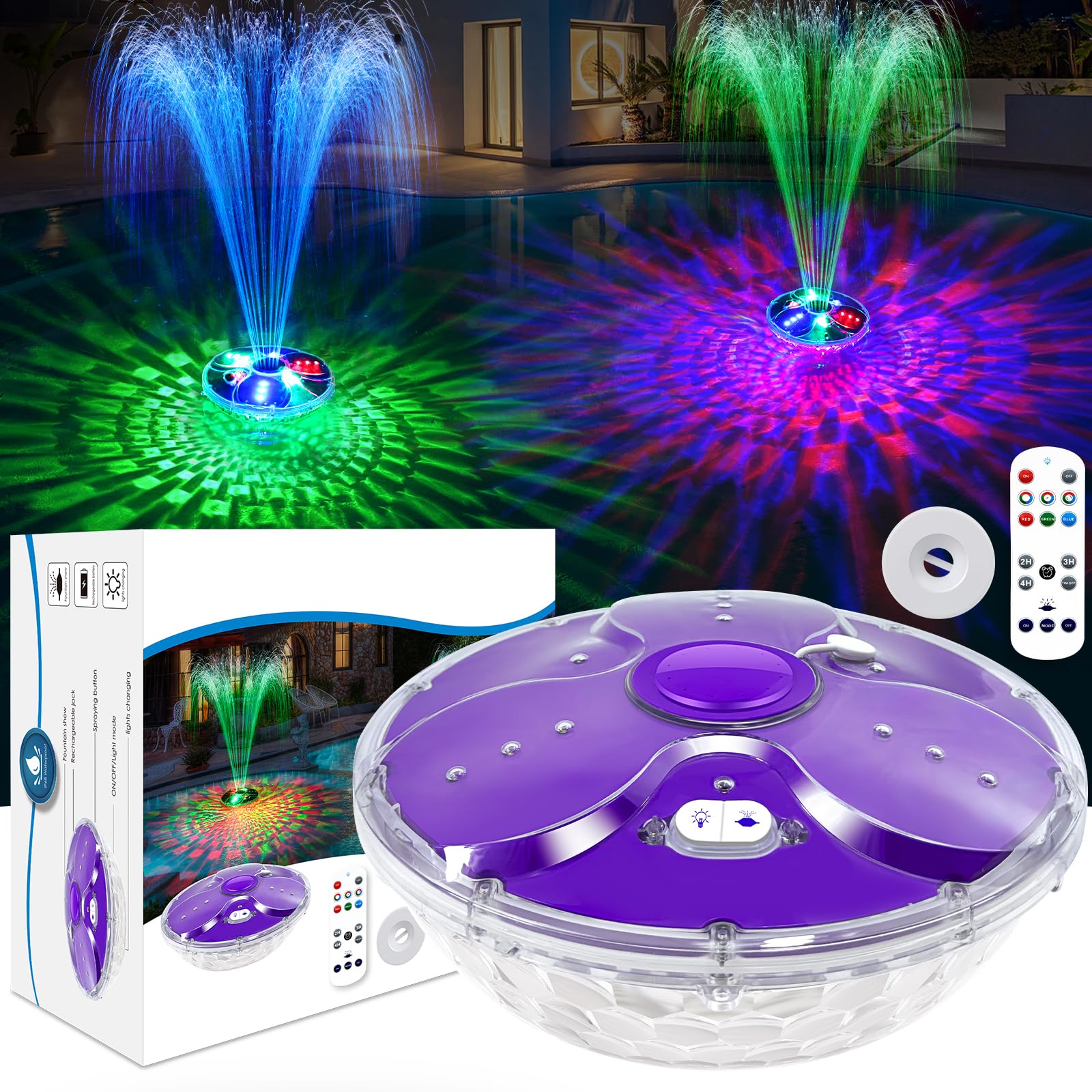 2025 Upgraded Rechargeable Floating Pool Fountain with Remote & LED Lights - Anchor Included for Above Ground & Inground Swimming Pools - Perfect for Backyard Parties, Night Swimming & Pool Decor (Purple, 1PC)