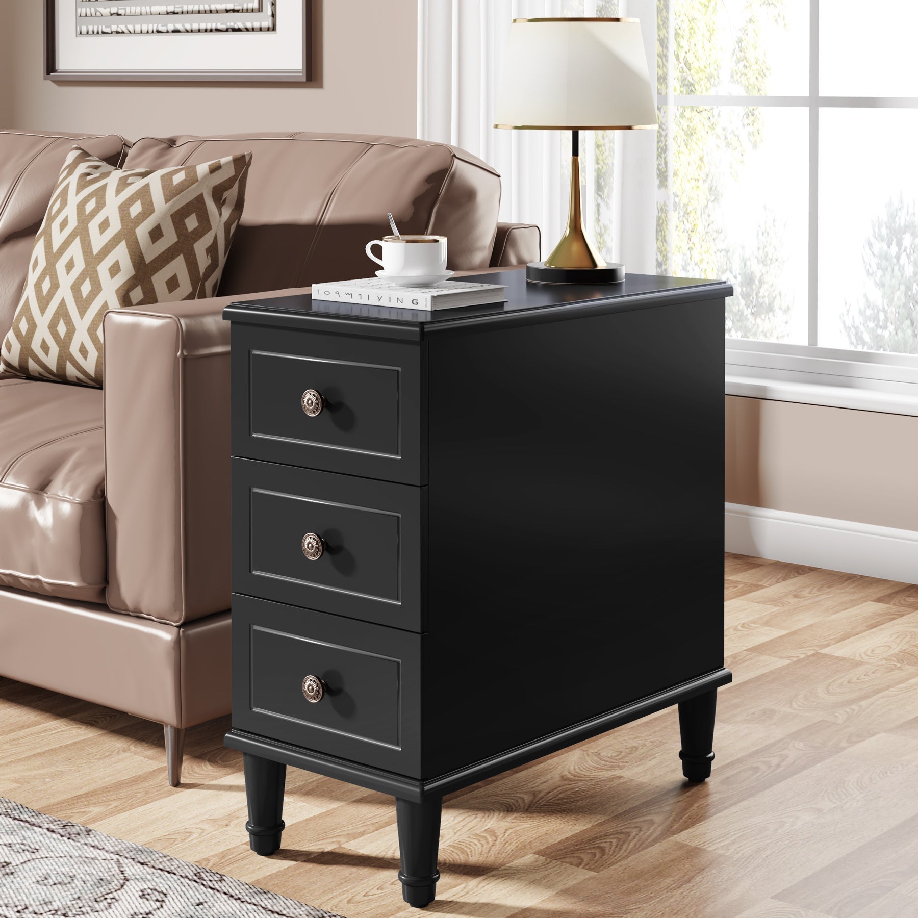 Solid Wood Nightstand with 3 Drawers - Fully Assembled Narrow Bedside Table for Small Spaces | Perfect for Bedrooms, Apartments & Dorm Rooms
