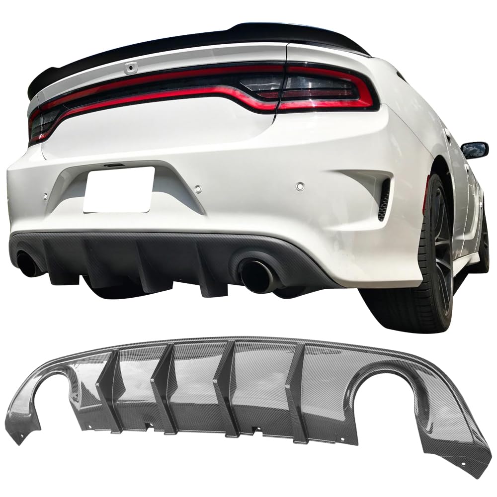 IKON MOTORSPORTS Rear Diffuser for 2015-2023 Dodge Charger SRT | V3 Style Carbon Fiber Print Bumper Lip Splitter Spoiler Lower Valance | Enhances Aerodynamics & Sporty Look | Perfect for Racing, Car Shows & Street Performance