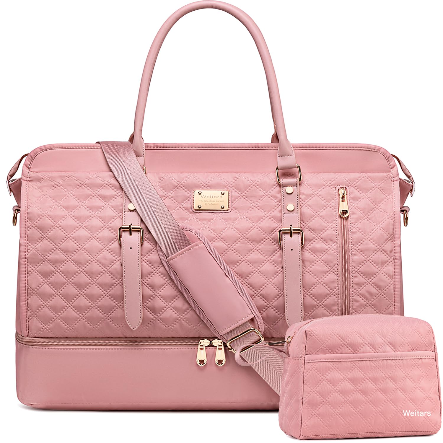 Weitars Women's Weekender Overnight Duffel Bag with Shoe Compartment & Toiletry Pouch - Large Carry On Travel Gym Workout Bag (Pink) - Perfect for Business Trips, Weekend Getaways & Fitness Classes