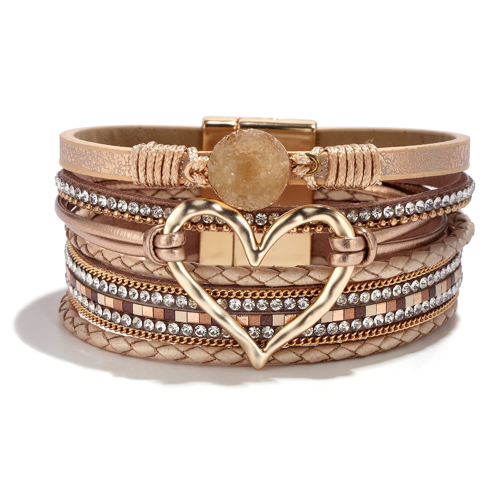 Trendy Boho Leather Heart Bracelets for Women - Handmade Layered Chunky Wrap Bracelets Stack, Valentine's Day Gifts for Her | Perfect for Everyday Wear, Boho Jewelry Layering & Festival Outfits - Ideal for Date Nights, Music Festivals & Casual Chic Style