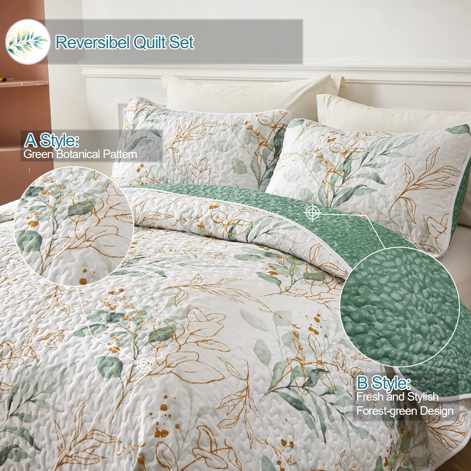 Green Botanical Queen Size Quilt Set - 3 Piece Reversible Soft All-Season Bedspread (96