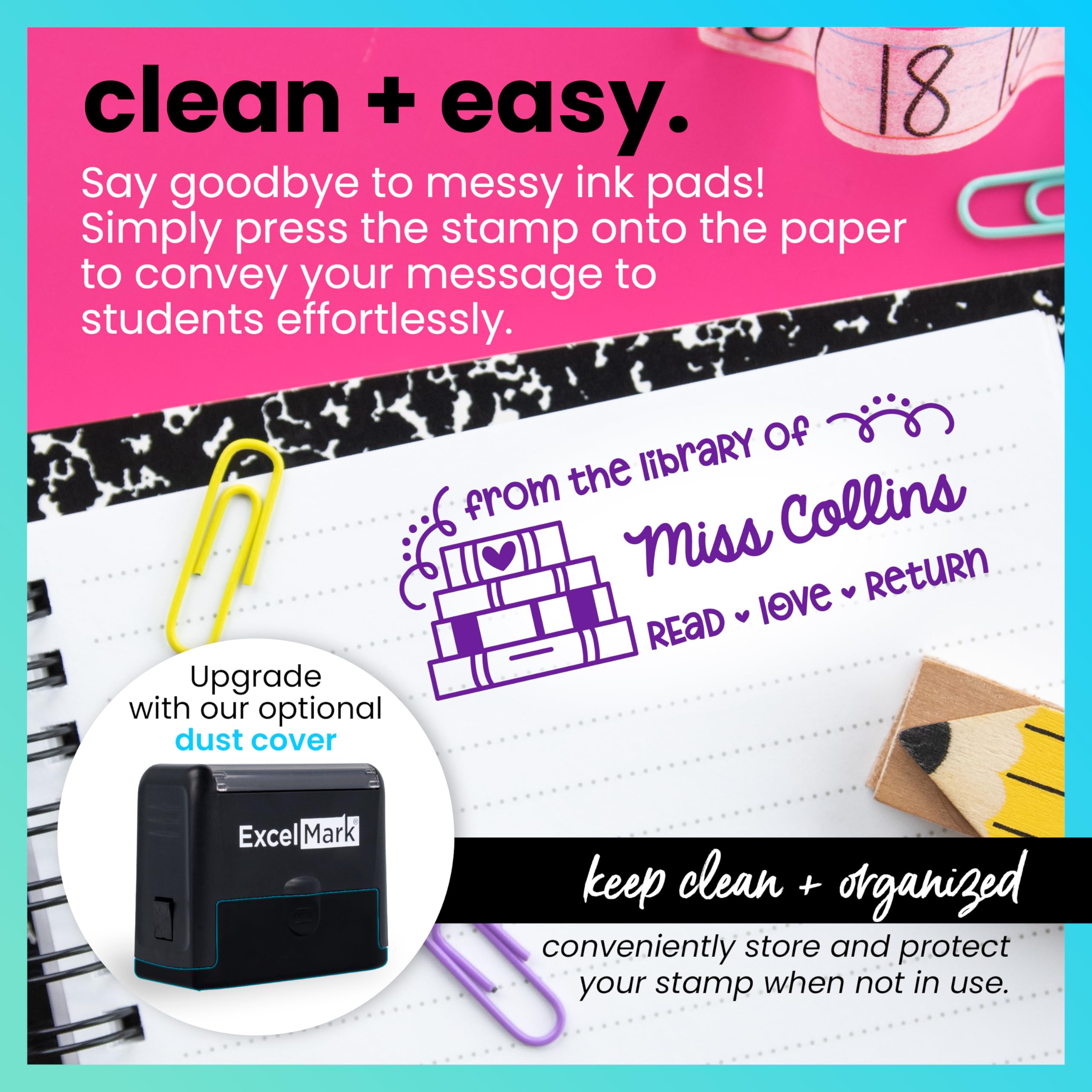 ExcelMark Personalized Teacher Stamp - Custom Self-Inking Book Stamp for Teachers - 11 Vibrant Colors (Medium) - Perfect for Grading Papers, Classroom Rewards & Student Encouragement