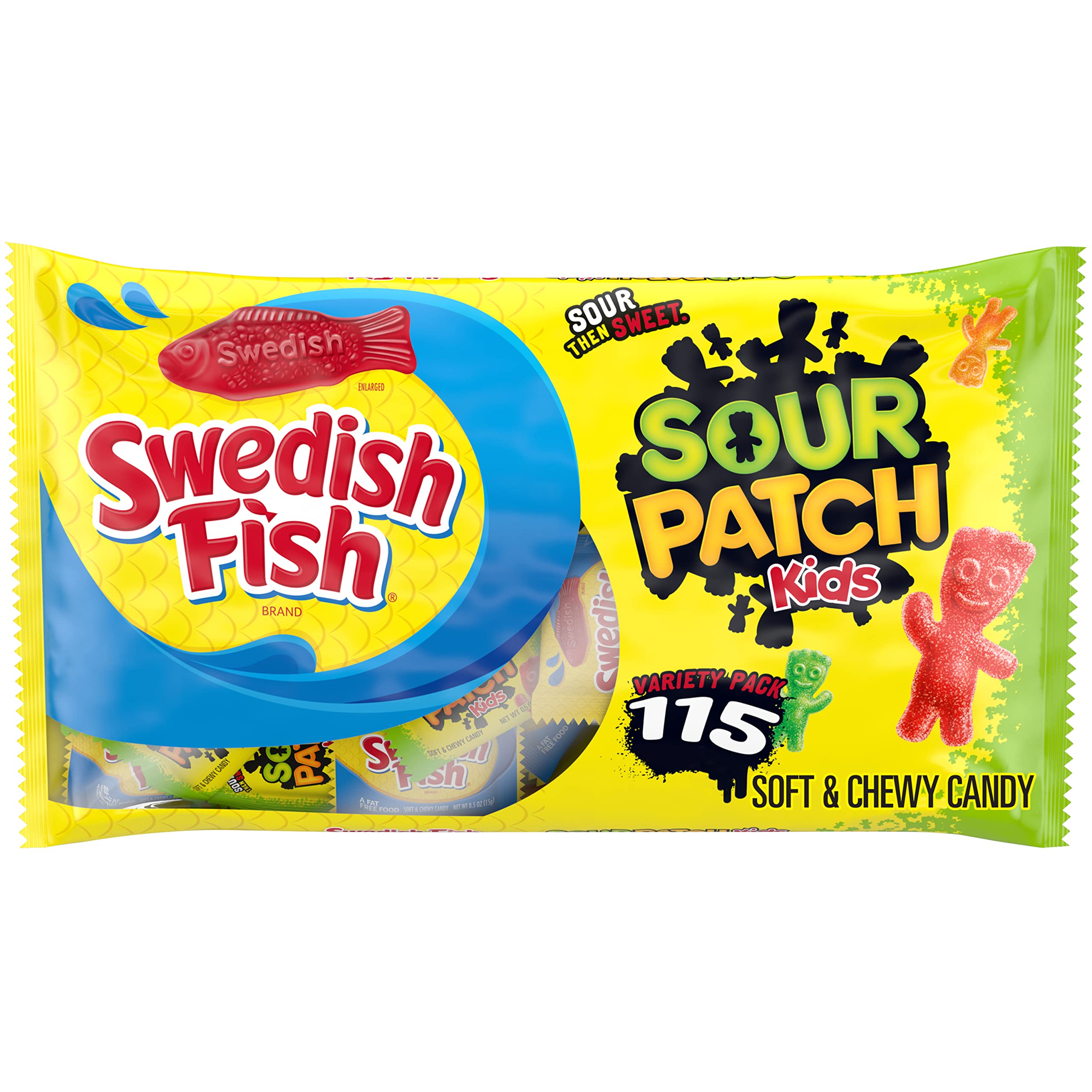 SOUR PATCH KIDS and SWEDISH FISH Candy Variety Pack - 115 Count (0.5 oz Each) | Bulk Assorted Fruit Flavored Candy Snacks for Parties, Halloween, Office & School Treats