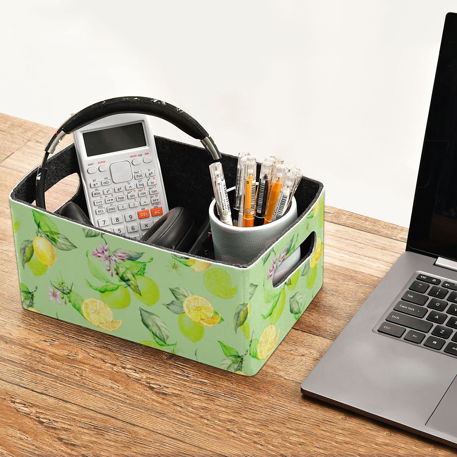 Fresh Lemons Folding Felt Storage Basket Set of 2 - Collapsible Storage Box for Clothes, Toys & Home Organization - Perfect for Nursery, Closet & Shelves (Flowers Leaves Design)