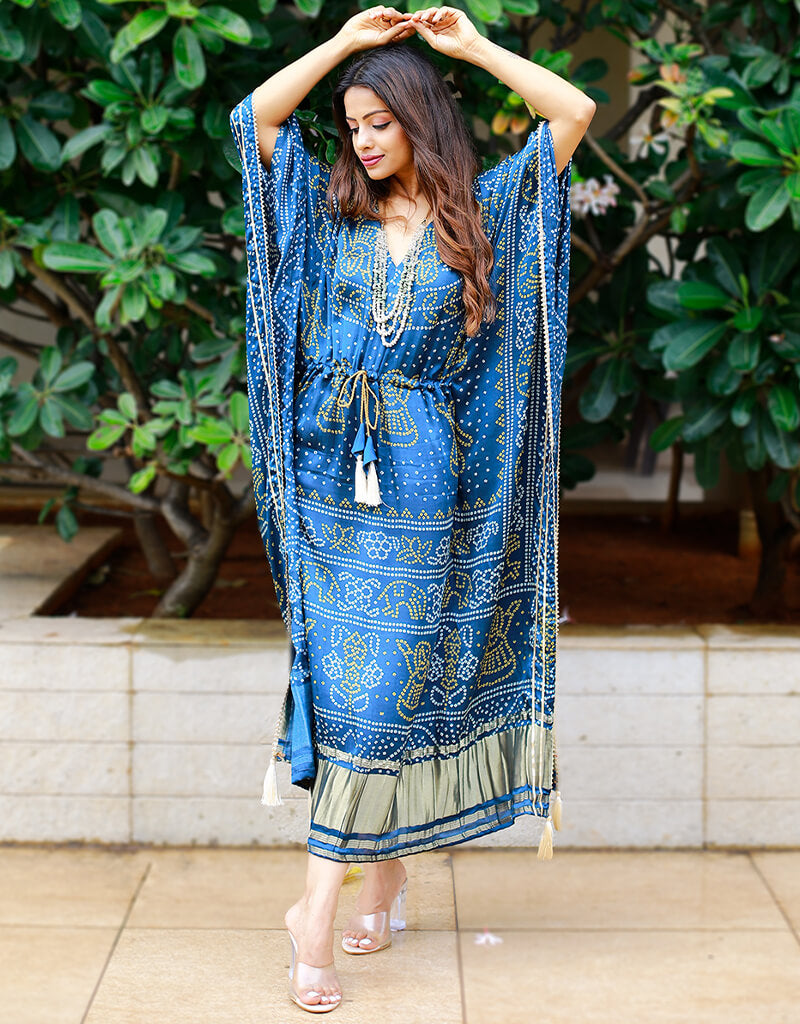 Elegant Blue Designer Party Wear Kaftan - Pure Gaji Silk Maxi Dress for Women - Perfect for Evening Parties, Weddings & Special Occasions