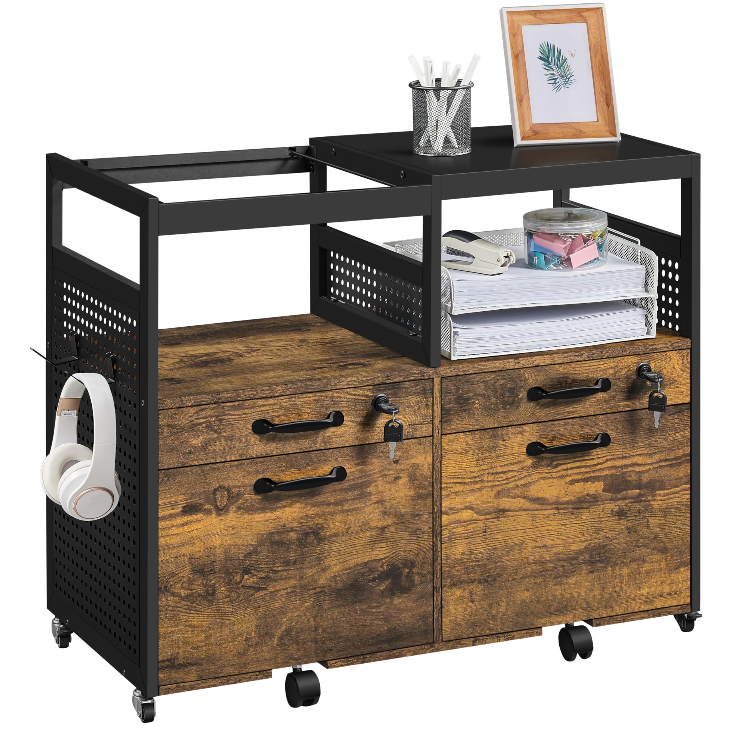Yaheetech 2-Drawer Mobile File Cabinet with Open Compartments & Hooks - Rustic Brown Lateral Filing Cabinet for Home Office, Printer Stand, Document Storage & Office Organization