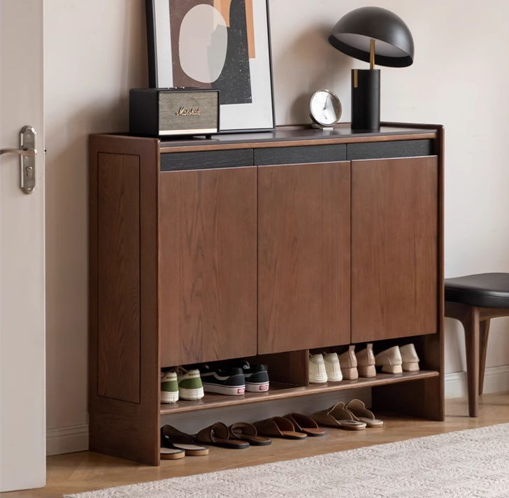 Solid Oak Wood Modern Shoe Rack with Rock Board Design - Stylish Shoe Storage for Entryway, Living Room, or Bedroom Organization