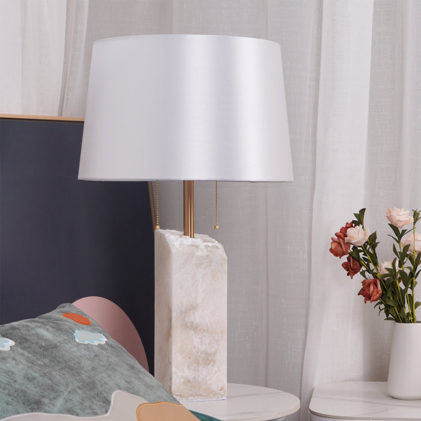 Handmade Raw Alabaster Table Lamp - Natural Stone Nightstand Light for Bedroom, Living Room & Office Decor - Dimmable Warm White Lighting for Relaxation & Reading