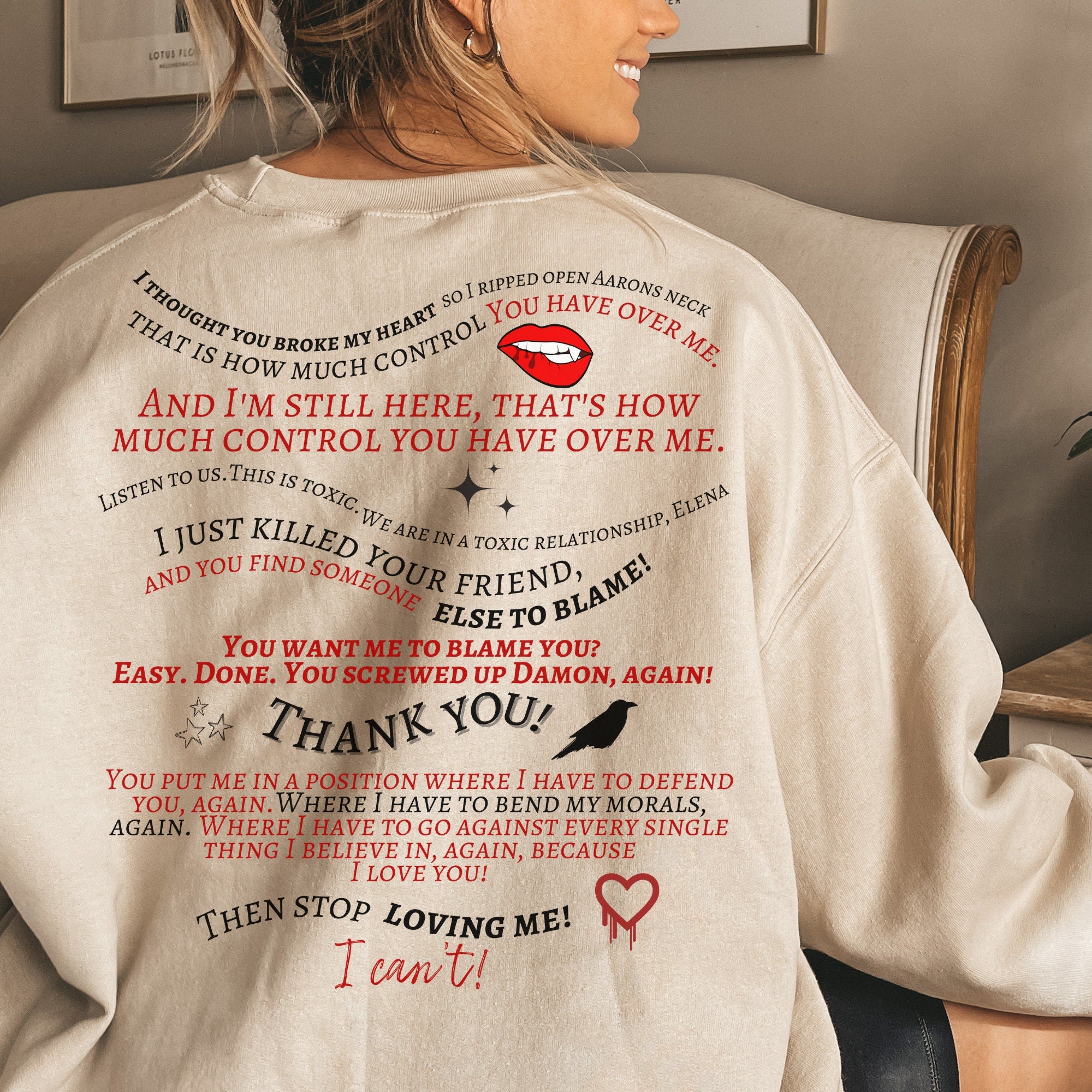Team Delena TVD Crewneck Sweatshirt - Damon & Elena Salvatore The Vampire Diaries Merch - Perfect for Fan Gifts, Cosplay & TV Show Themed Parties