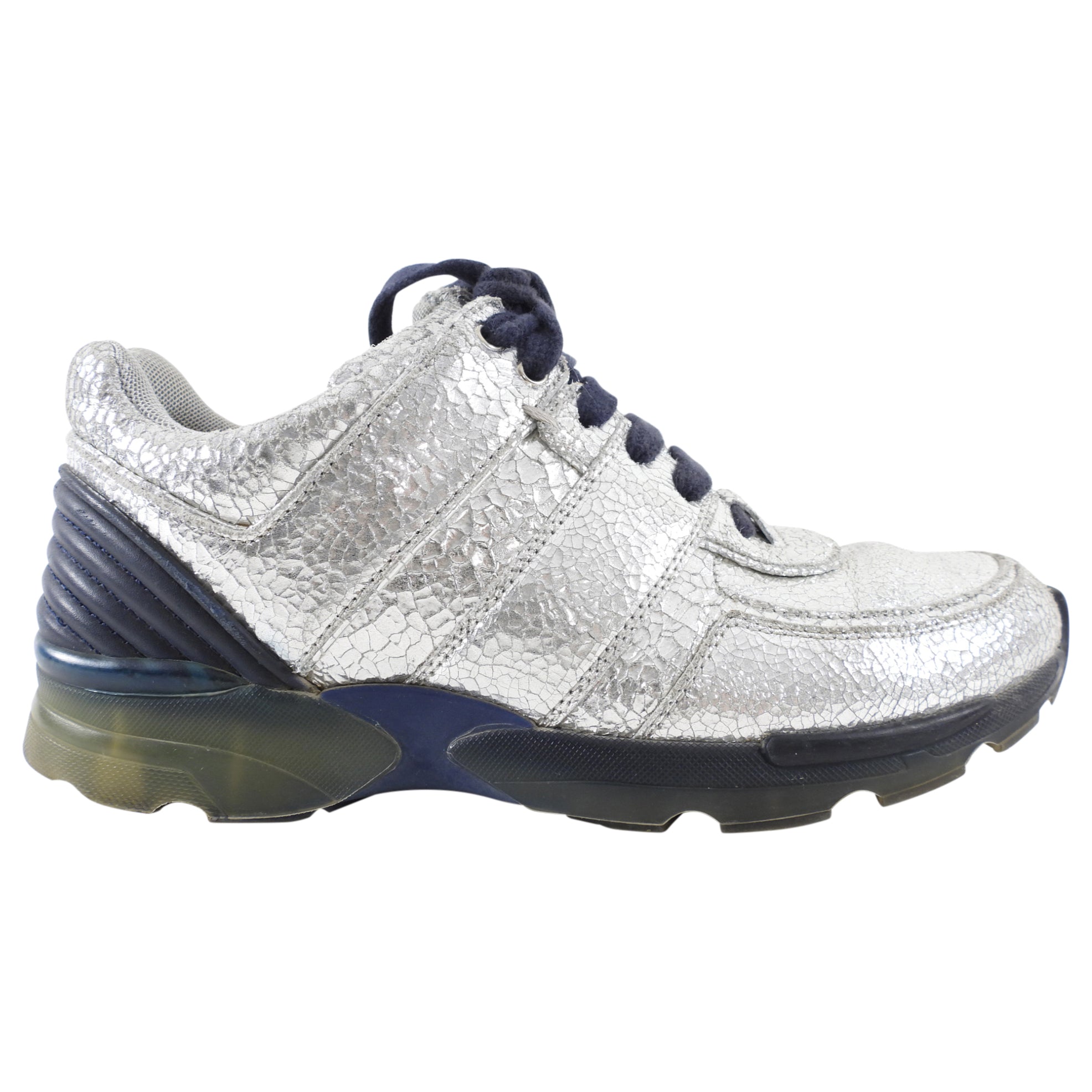 Chanel Silver Crackle Leather and Navy Sneakers Size 36 - Luxury Women's Fashion Sneakers for Casual Wear & Street Style