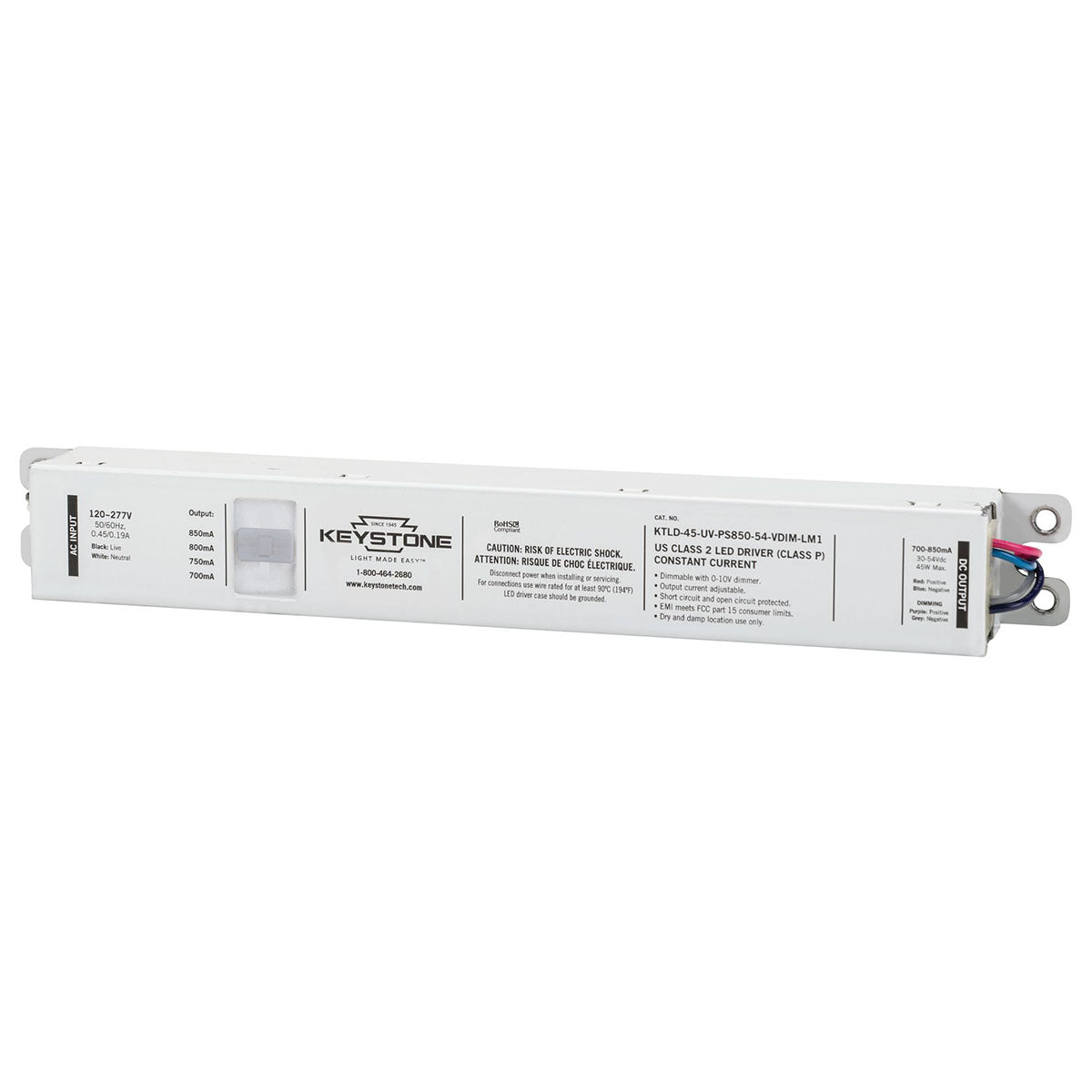 45W LED Driver 700-850mA Selectable Current, 0-10V Dimming, 120-277V Input - Perfect for Indoor & Outdoor LED Lighting, Commercial & Residential Use