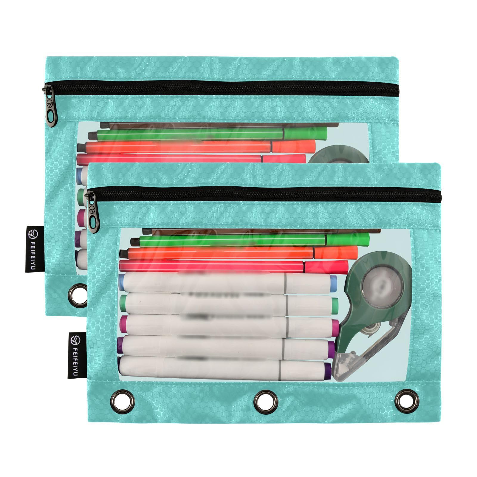 Emelivor 2-Pack Turquoise Pencil Pouch for 3-Ring Binders - Clear Window Zippered Pencil Case for School, Office & College Supplies - Perfect for Organizing Pens, Markers & Stationery
