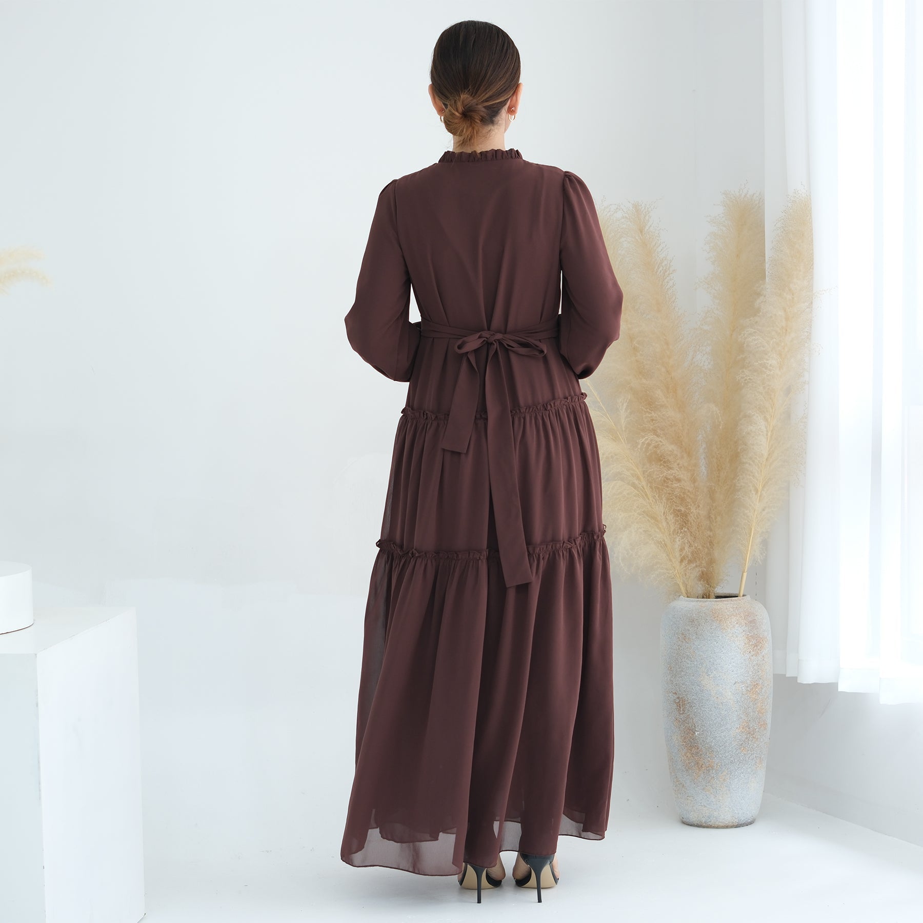 Molly Prairie Chiffon Maxi Dress in Coffee - Elegant Flowy Summer Dress for Women, Perfect for Beach Vacations, Weddings & Boho Parties