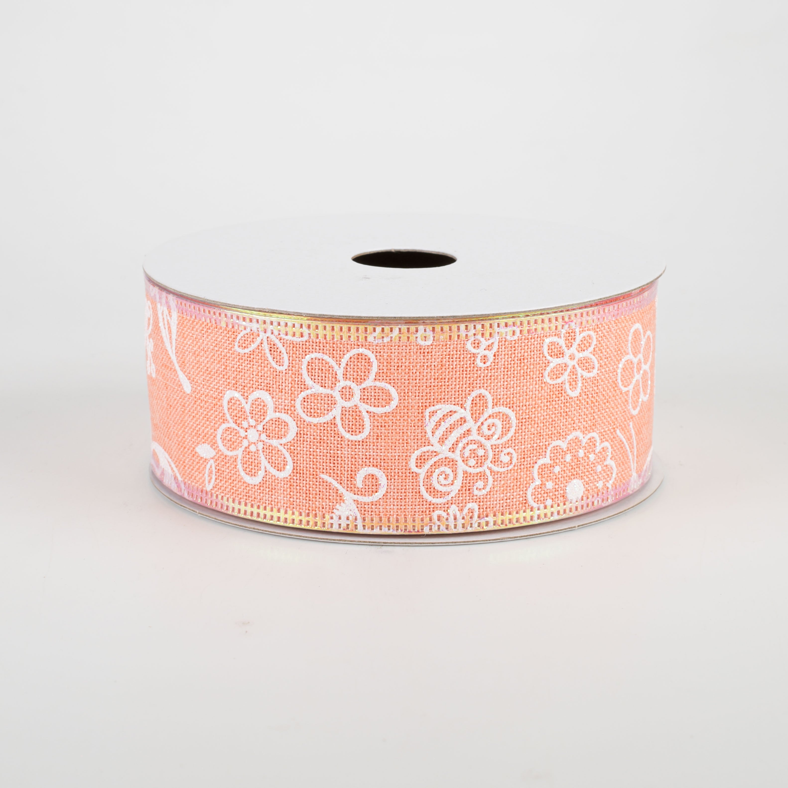 1.5 Inch Iridescent Flowers & Bugs Linen Ribbon - Coral Color (10 Yards) for DIY Crafts, Gift Wrapping, Scrapbooking & Hair Accessories