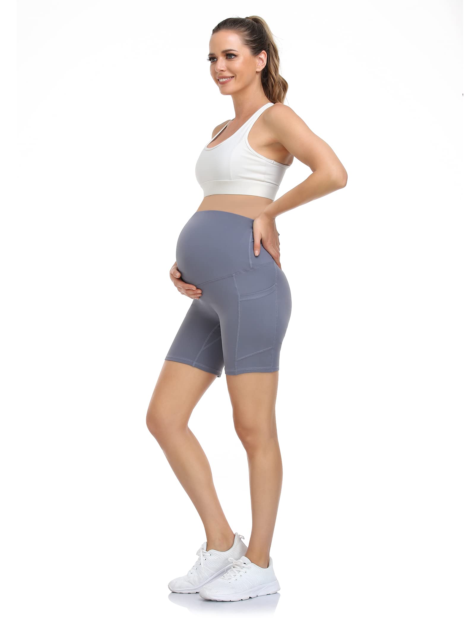 HOFISH Maternity Shorts for Women - Over The Belly Pregnancy Bike Shorts, Workout Active Running Short Pants with Pockets - Perfect for Yoga, Gym, and Everyday Comfort During Pregnancy