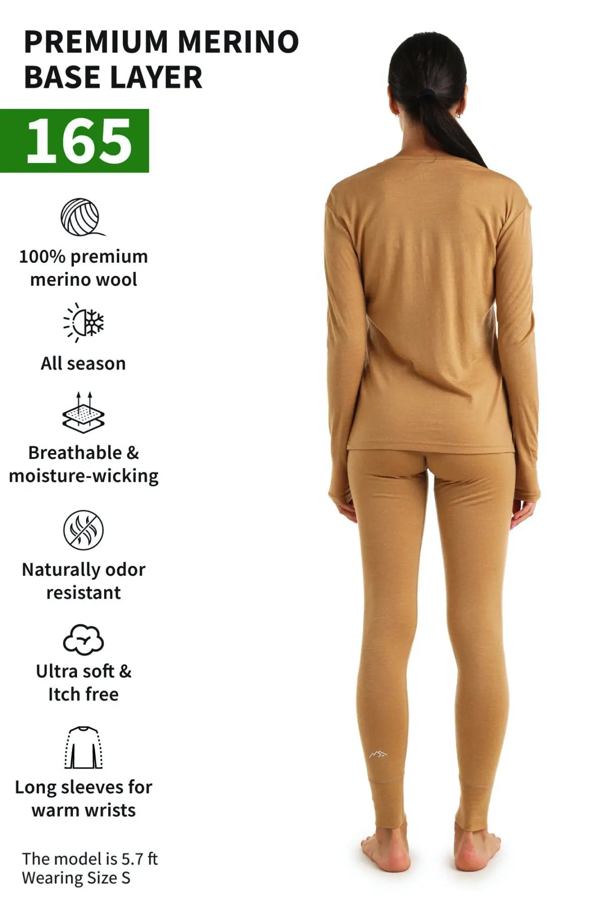 Women's Merino Wool Thermal Underwear Set - 165 Camel Color - Soft & Warm Base Layer for Winter, Hiking & Outdoor Activities