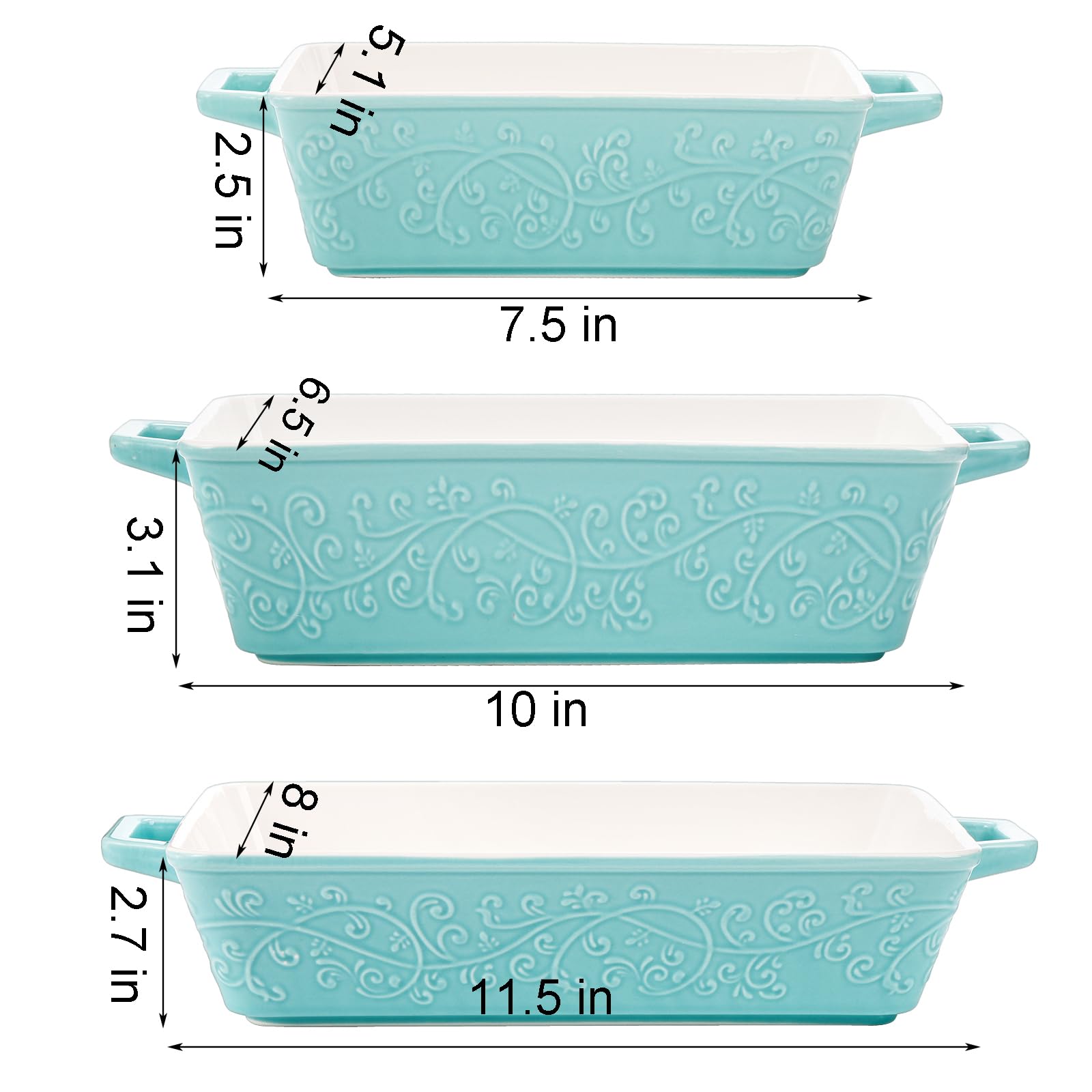 Okllen 3-Piece Ceramic Casserole Dish Set - Oven Safe Rectangular Baking Pans with Handles for Lasagna, Roasting, Broiling & Gratin | Perfect for Home Cooking, Dinner Parties & Wedding/Housewarming Gifts (Blue)