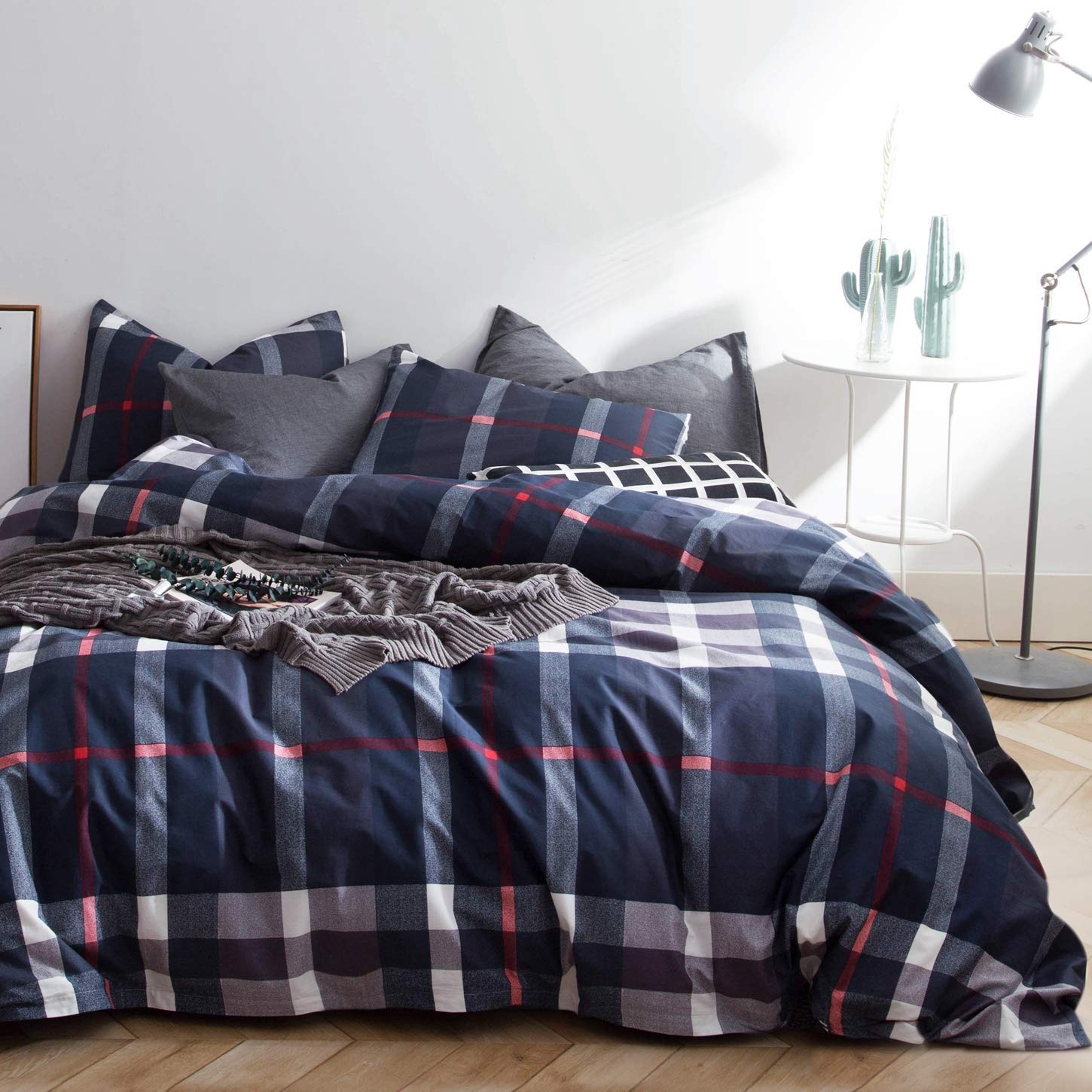 Navy Blue Plaid Comforter Set Queen Size - Buffalo Check Dark Blue & White Grid Bedding - Tartan Checkered Gingham Comforter for Teen Boys Room - Cozy Winter Bedding for Dorm, Guest Room & Master Bedroom