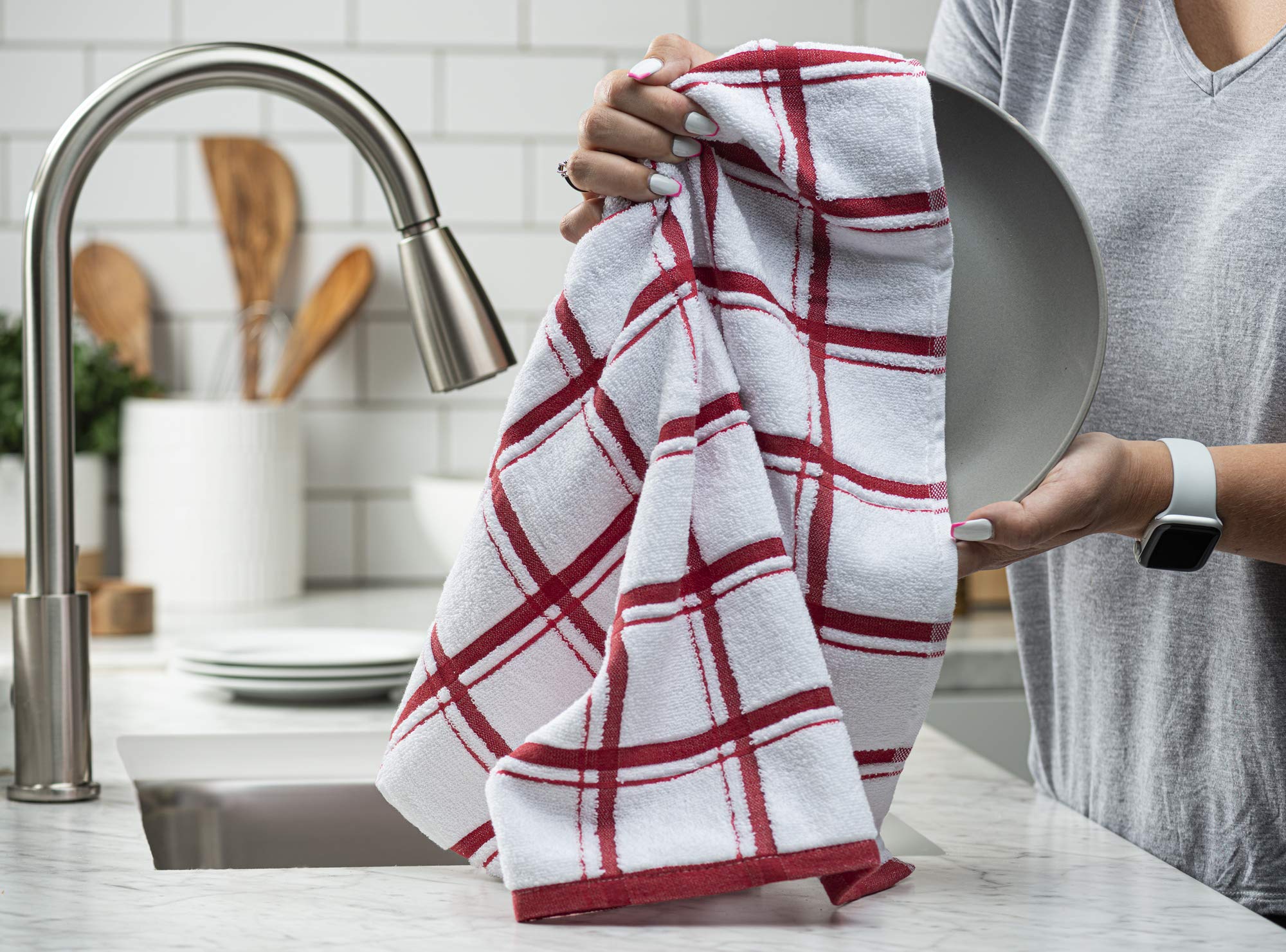 Premium 12-Pack XLNT Red Large Kitchen Towels - 100% Cotton Dish Towels (20