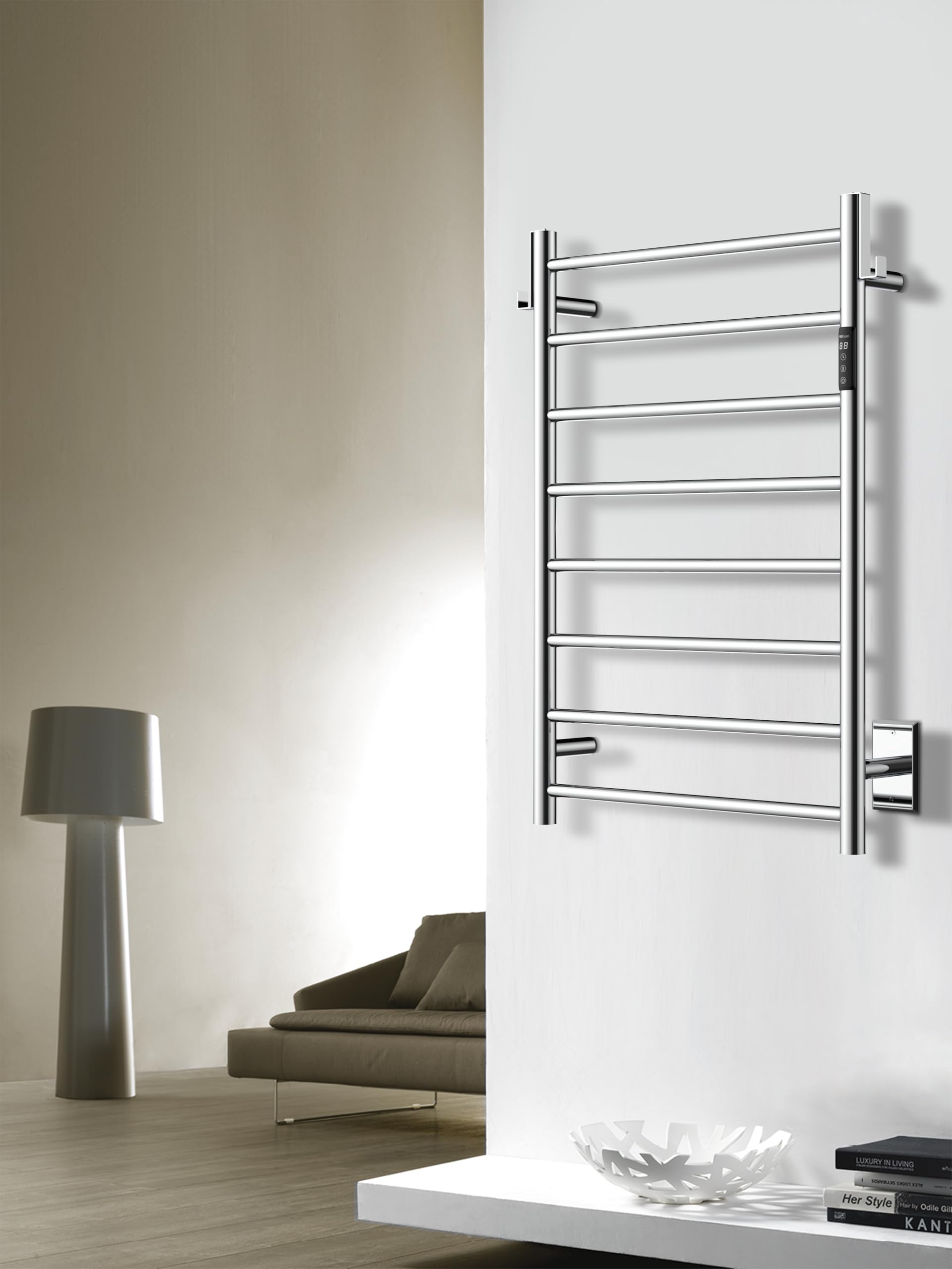 P&Bhusri Electric Heated Towel Rack for Bathroom - Wall Mounted 8-Bar Towel Warmer with Timer & LED Indicator, Stainless Steel Polished, Hard-Wired/Plug-in - Perfect for Spa, Luxury Bathrooms & Cold Weather Comfort
