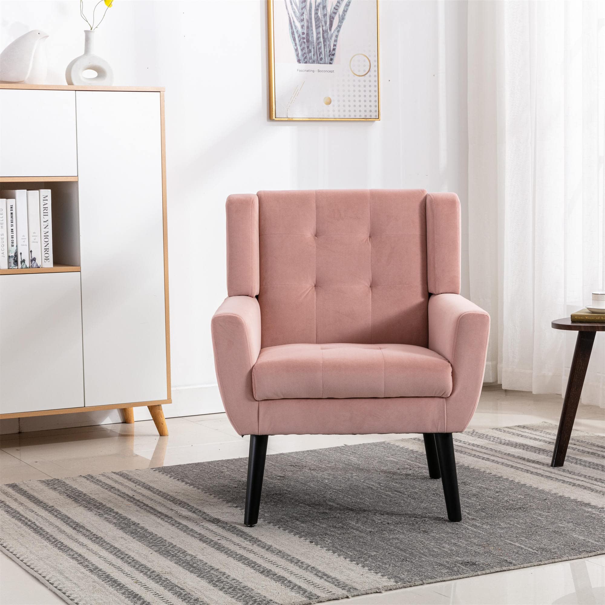 Modern Accent Chair - Upholstered Button Tufted Armchair with Linen Fabric & Black Legs, Ergonomic Living Room & Bedroom Chair in Pink - Perfect for Reading Nooks, Lounge Areas, and Home Decor