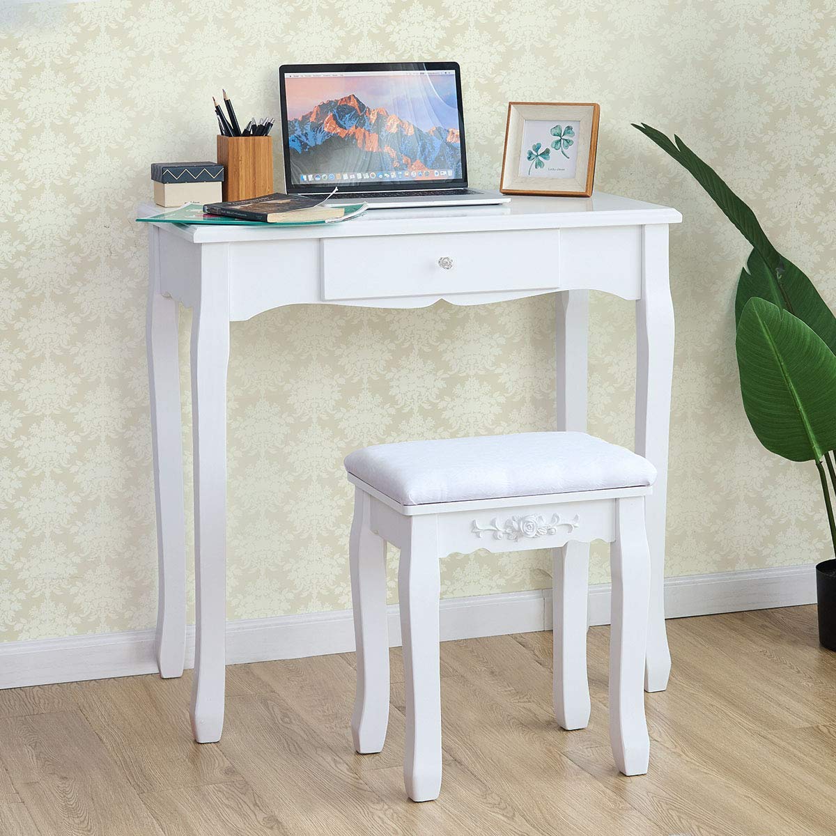 360° Rotating Vanity Table Set with Oval Mirror, 3 Storage Drawers & Padded Stool - White Makeup Dressing Table for Bedroom | Perfect for Makeup Organization, Beauty Routine & Small Space Decor