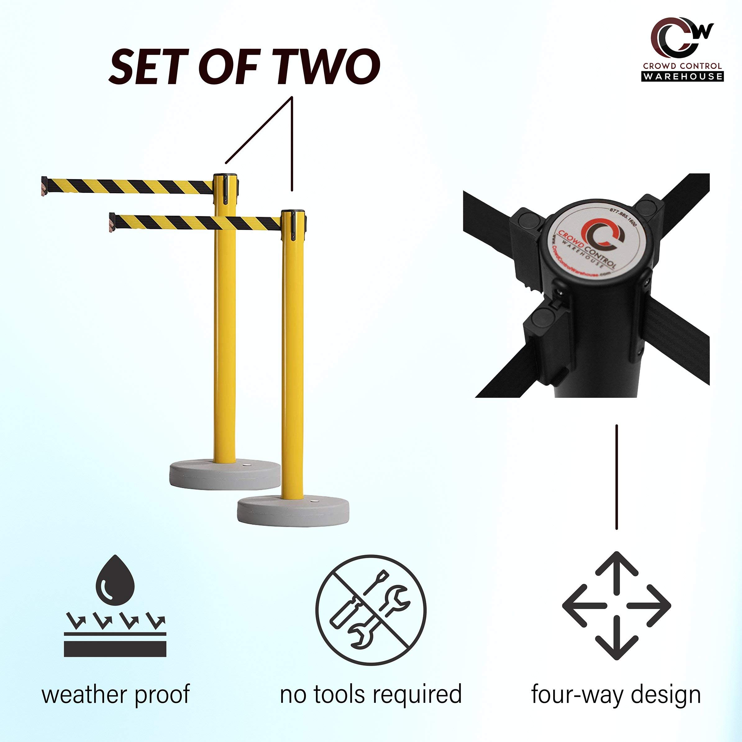 CCW Set of 2 Retractable Belt Barrier Stanchions with Water Fillable Base - 11 Foot Black/Yellow Belt & Yellow PVC Plastic Posts for Crowd Control in Warehouses, Events & Retail Stores