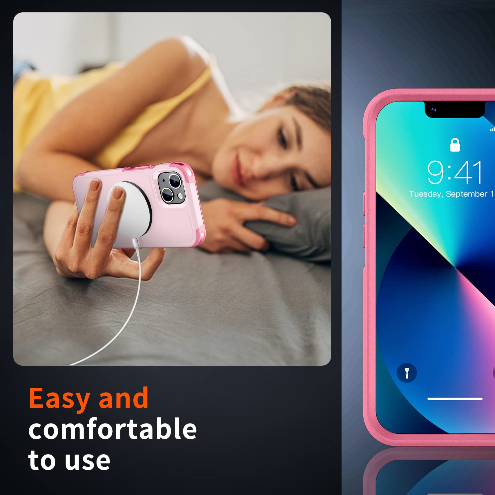 SUPFINE Magnetic iPhone 13 Case with MagSafe Compatibility - 10FT Military Grade Drop Protection & Dual Layer Shockproof Design - Non-Slip Heavy Duty Full Body Phone Cover (Pink) - Perfect for Outdoor Adventures, Work & Everyday Protection