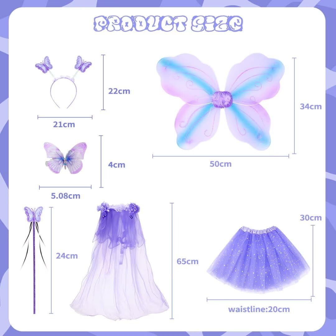 WILDPARTY Fairy Costume Set for Girls Age 3-8 - Butterfly Wings, Tutu Skirt, Hair Clips, Magic Wand & Headband - Perfect for Halloween, Dress-Up Parties & Fairy Themed Events