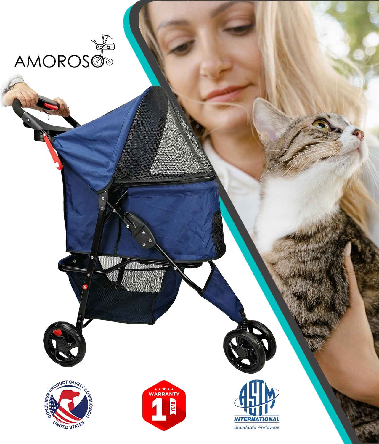 AmorosO Pet Stroller for Small Dogs & Cats - Lightweight Foldable Pet Carrier with Storage Basket | Perfect for Walking, Travel, Vet Visits & Outdoor Adventures | Blue Pet Stroller for Indoor & Outdoor Use