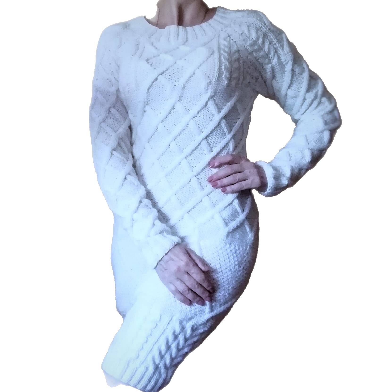 White Women's Angora Dress Long Tunic Aran Fisherman Sweater - Cozy Winter Knitwear for Casual Outings & Holiday Gatherings