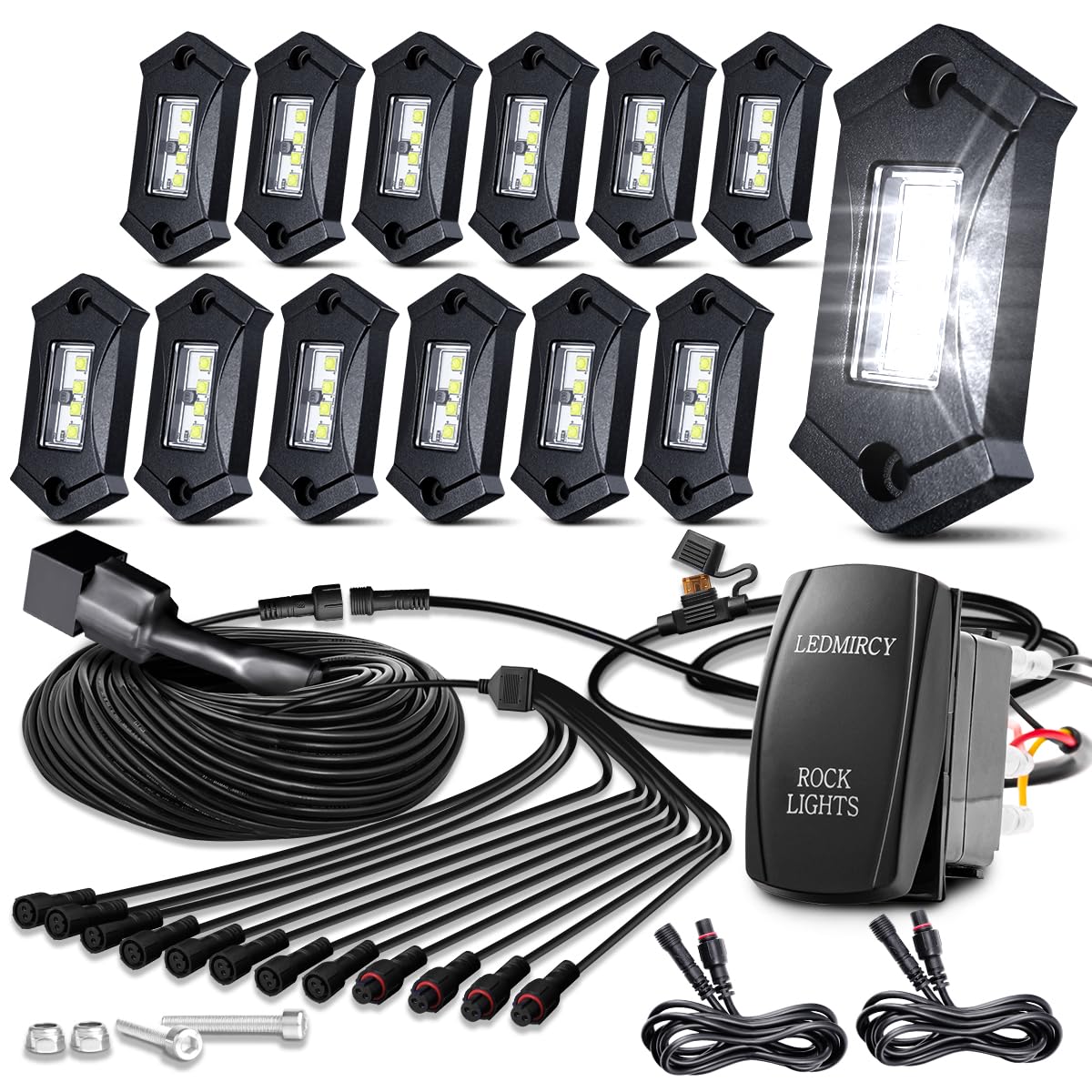R3 Pure White Rock Lights Kit - 12PCS High Power LED Underglow Lights for Offroad Trucks, ATV, UTV, SUV with Rocker Switch & Wire Harness | Perfect for Trail Rigs, Night Off-Roading & Custom Underbody Lighting