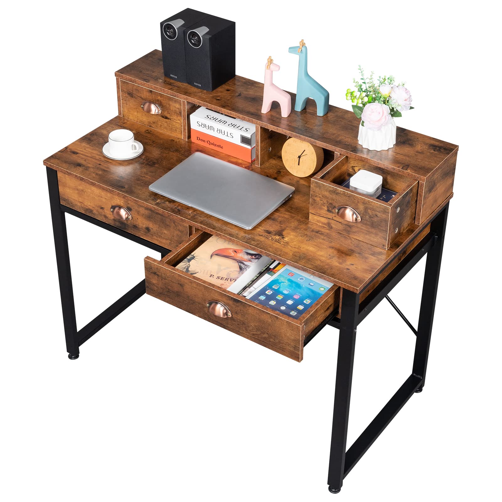 Compact Computer Desk with 4 Drawers & Hutch - Rustic Brown Home Office Desk for Small Spaces, Writing & Study - Perfect for Bedrooms, Dorm Rooms & Home Offices