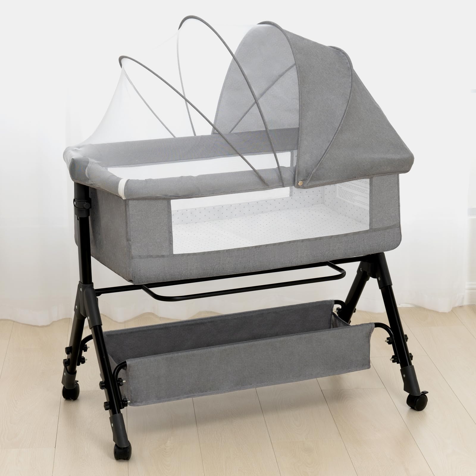 3 in 1 Adjustable Baby Bassinet Bedside Sleeper with Wheels, Storage Basket & Mattress - Portable Folding Crib for Newborns - Easy Assembly Nursery Essential for Co-Sleeping & Travel (Grey)