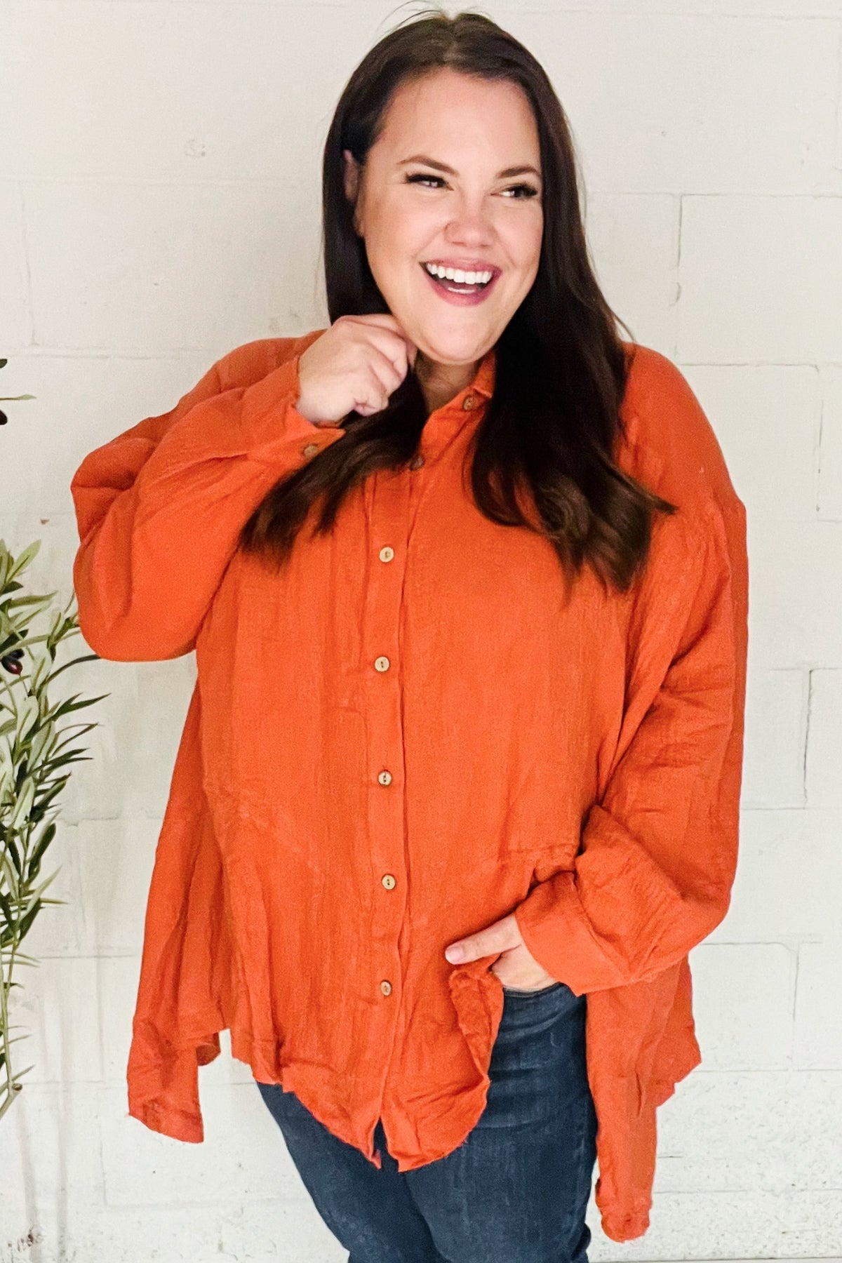 Stylish Rust Button Down Sharkbite Cotton Tunic Top for Women | Comfortable Everyday Wear | Perfect for Office, Casual Outings & Date Nights