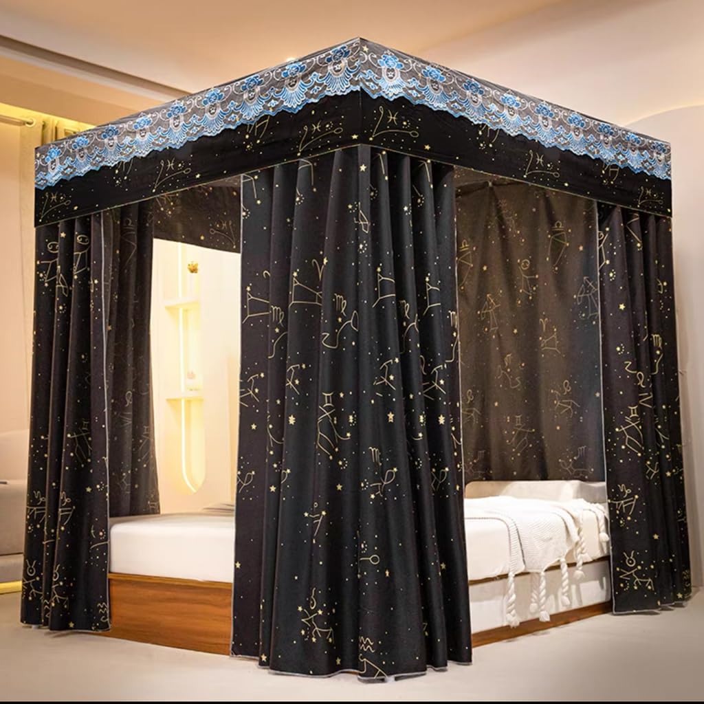 Princess 4 Corner Post Bed Canopy - Windproof & Lightproof Mosquito Net for Adults & Kids | Black Star Pattern | Perfect for Bedroom Decor, Girls' Room & Gift Giving | Creates Romantic & Cozy Sleeping Space