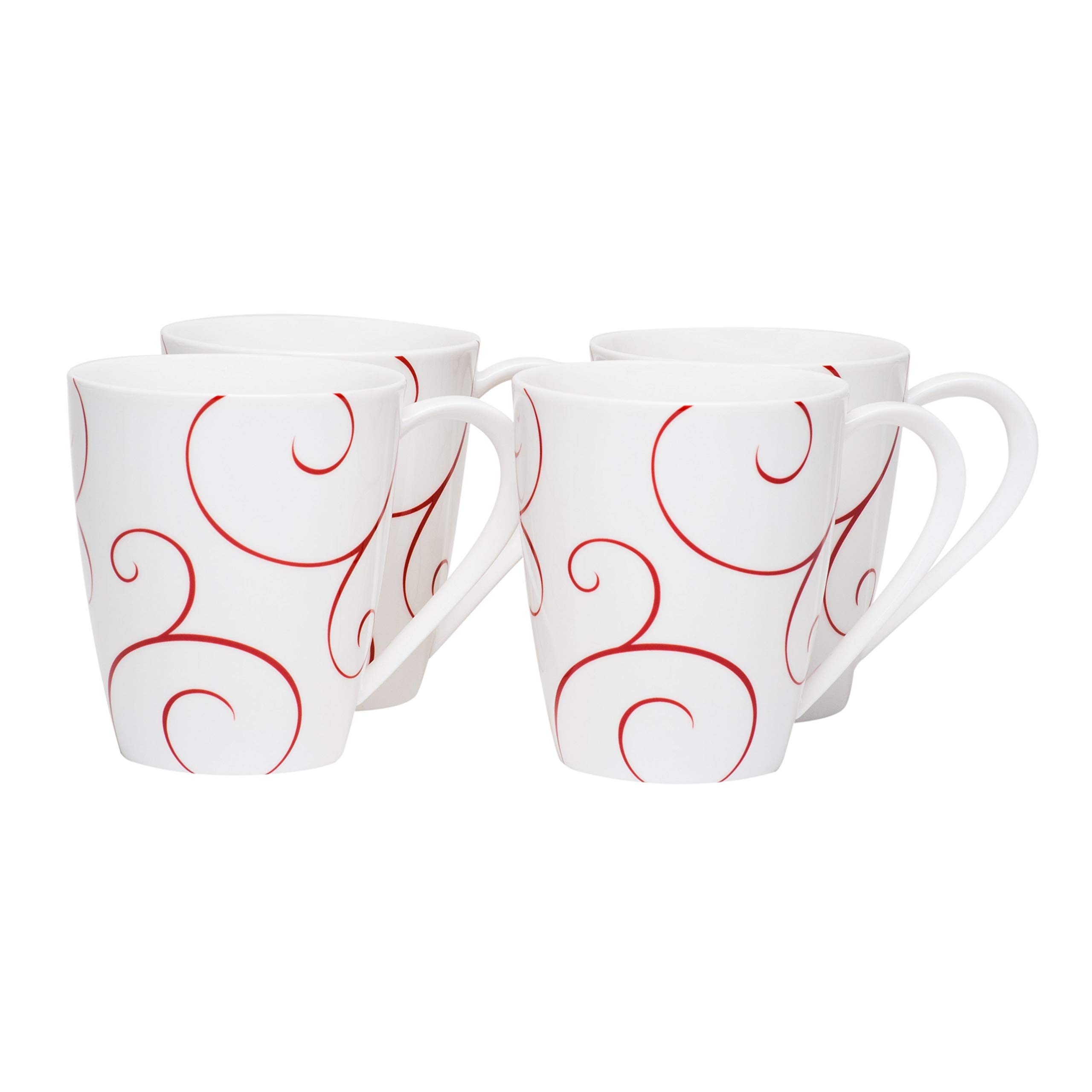 14oz Geometric Porcelain Coffee Mugs Set of 4 - Red & White Round Design, Dishwasher & Microwave Safe - Perfect for Home, Office or Gift Giving
