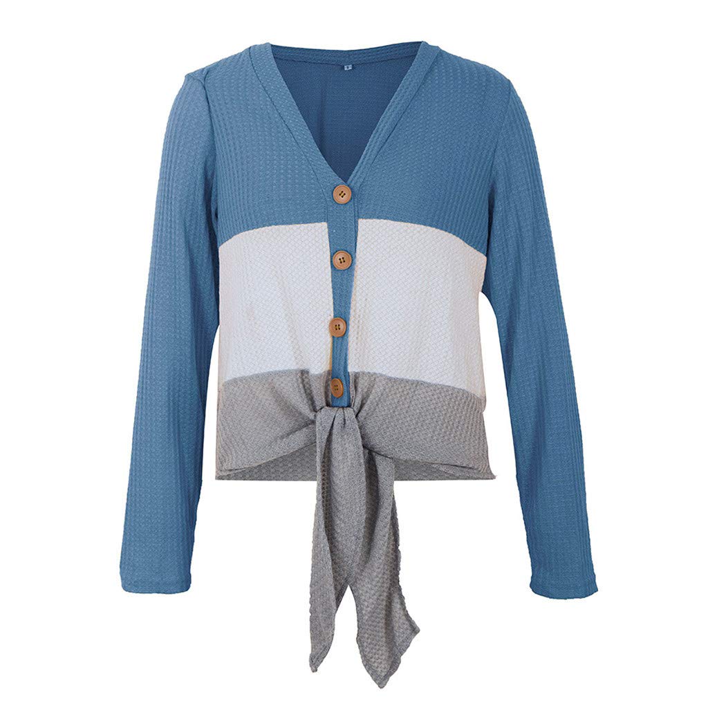 FarJing Women's Waffle Knit Tunic Blouse - Patchwork Knot Long Sleeve Henley Top with Triple Color Block Design | Casual Wear, Office Outfit & Fall Fashion T-Shirt