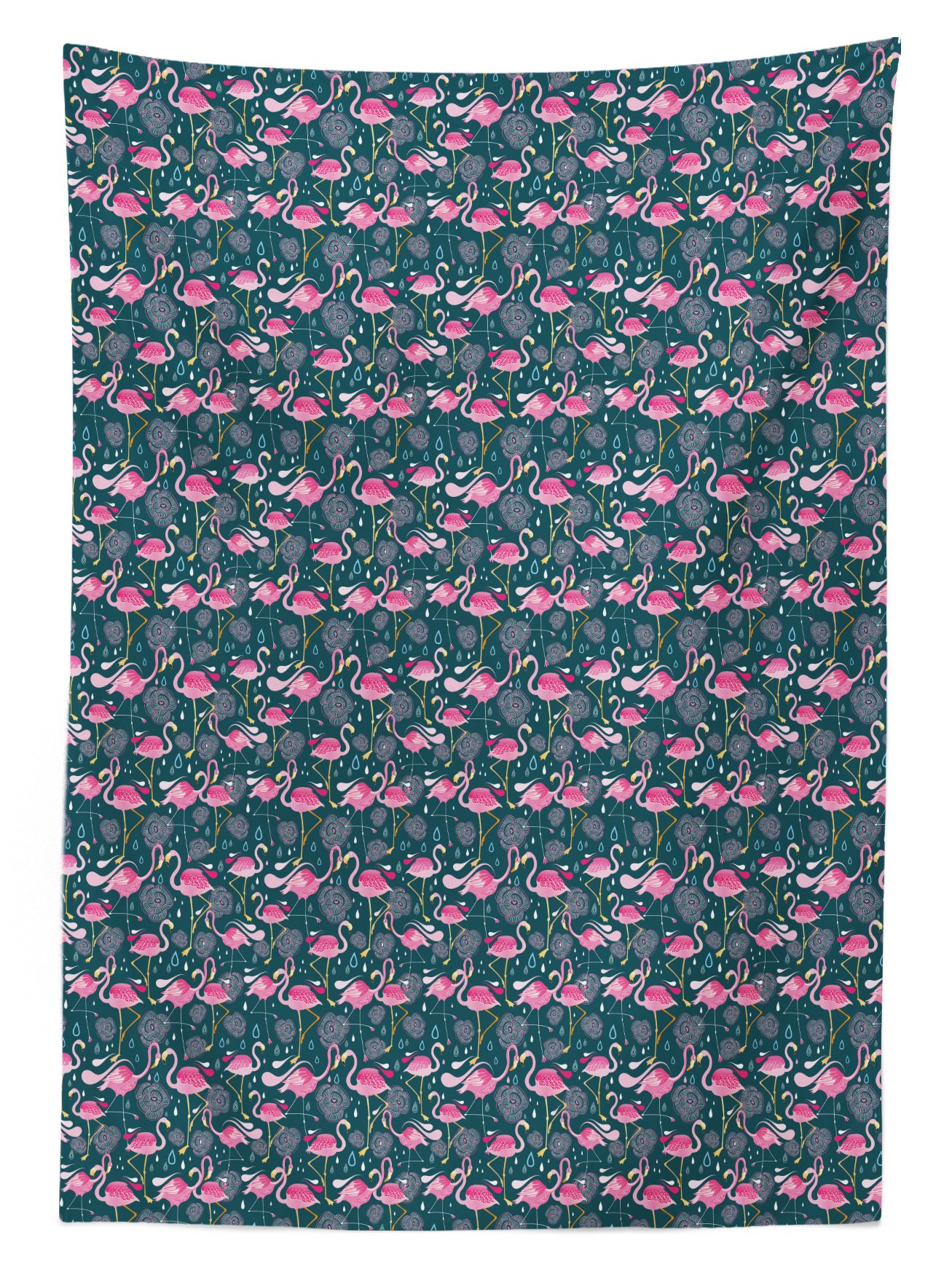 Ambesonne Flamingo Print Outdoor Tablecloth - Tropical Exotic Bird with Flowers, Hearts & Raindrops Design - Waterproof Washable Picnic Table Cover 58x120 Inches - Perfect for Beach Parties, Garden Dining & Outdoor Decor in Pink, Dark Green & Pale Pink