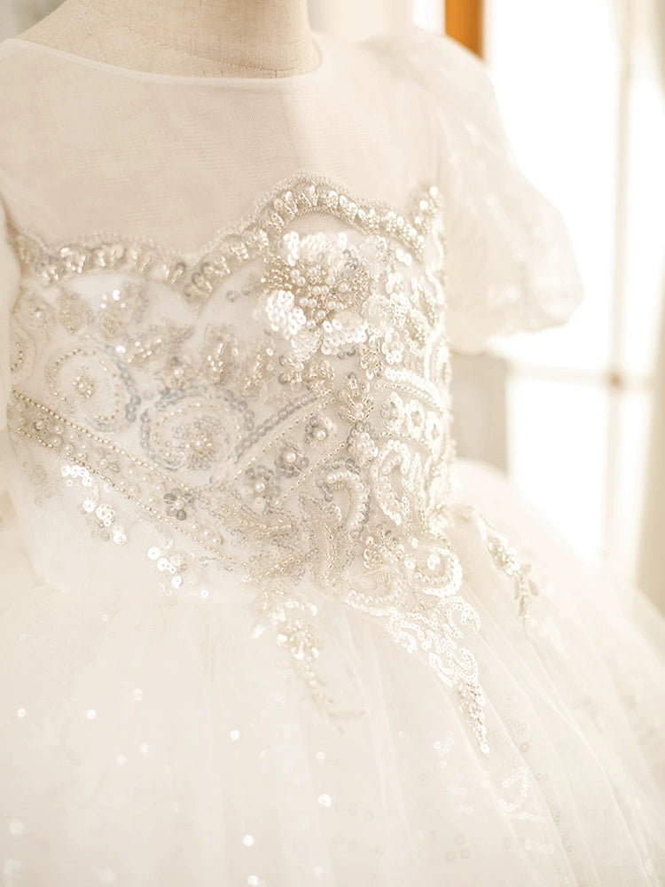 White Princess Round Tea Length Tulle Flower Girl Dress - Perfect for Weddings, Birthday Parties & Special Occasions