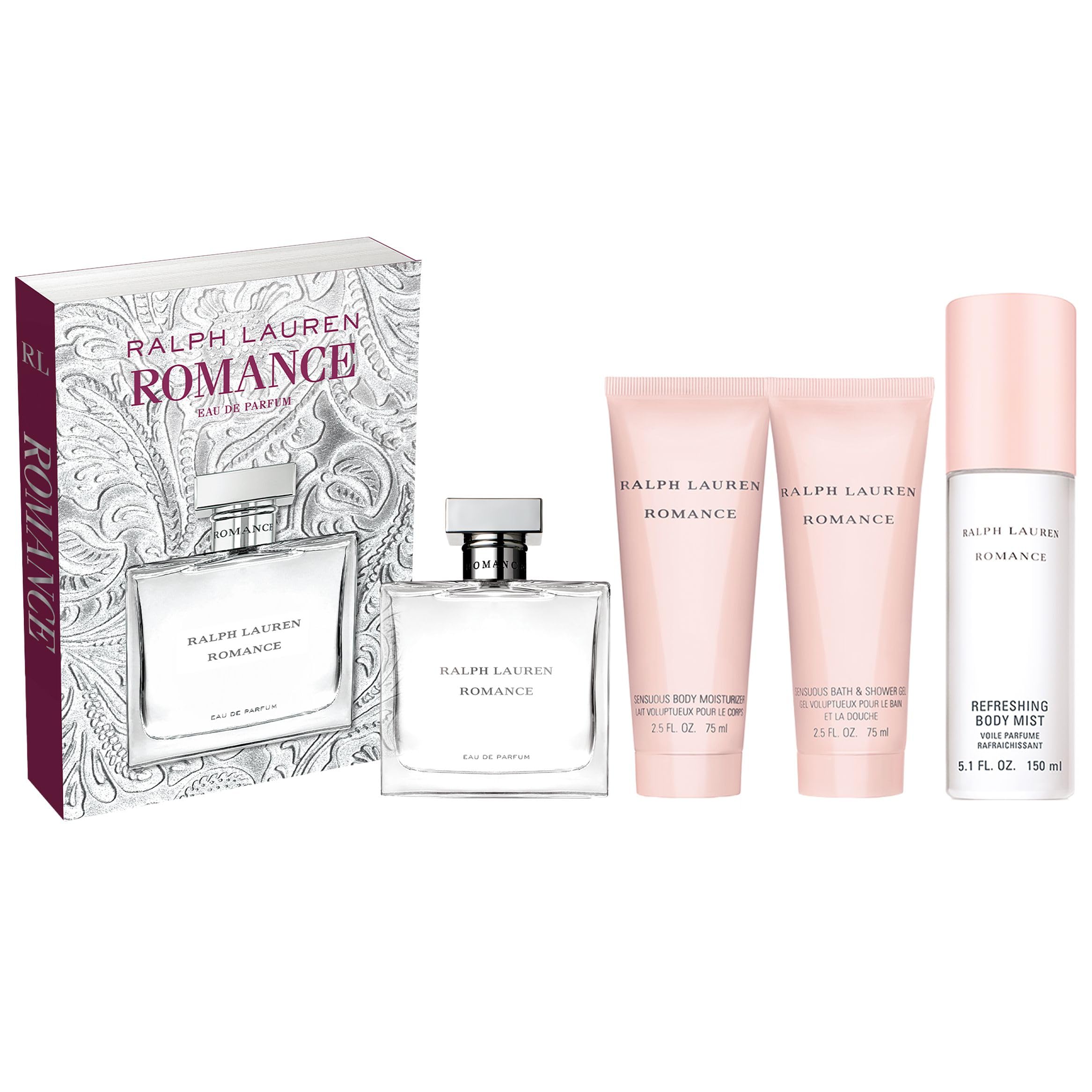 RALPH LAUREN Romance Women's Perfume Gift Set - Floral Woody Scent with Rose, Jasmine & Berries - 3.4 oz Eau de Parfum, 2.5 oz Shower Gel & Body Lotion, 5 oz Body Mist - Perfect for Valentine's Day, Anniversary & Romantic Gifts