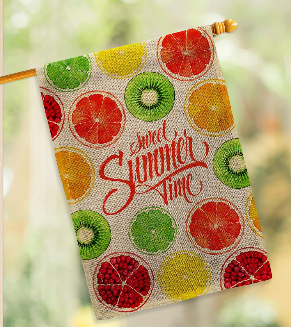 Breeze Decor Too Sweet Summer Burlap Garden House Flag Set - Double-Sided Pineapple, Strawberry, Apple & Watermelon Fruit Design | Tropical Aloha Yard Decoration Banner | Made in USA | Perfect for Patio, Front Porch & Outdoor Summer Parties