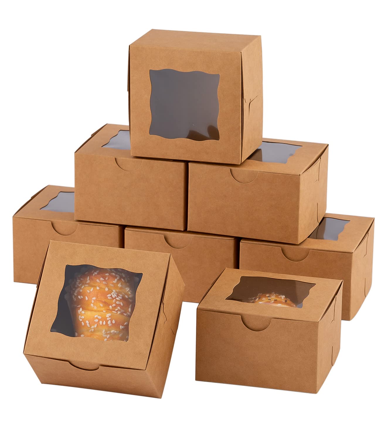 100-Piece Window Bakery Boxes 4x4x2.5 Inches - Small Brown Pastry Boxes for Cupcakes, Donuts, Chocolate Strawberries & Candy | Perfect for Home Bakeries, Wedding Favors & Gift Packaging