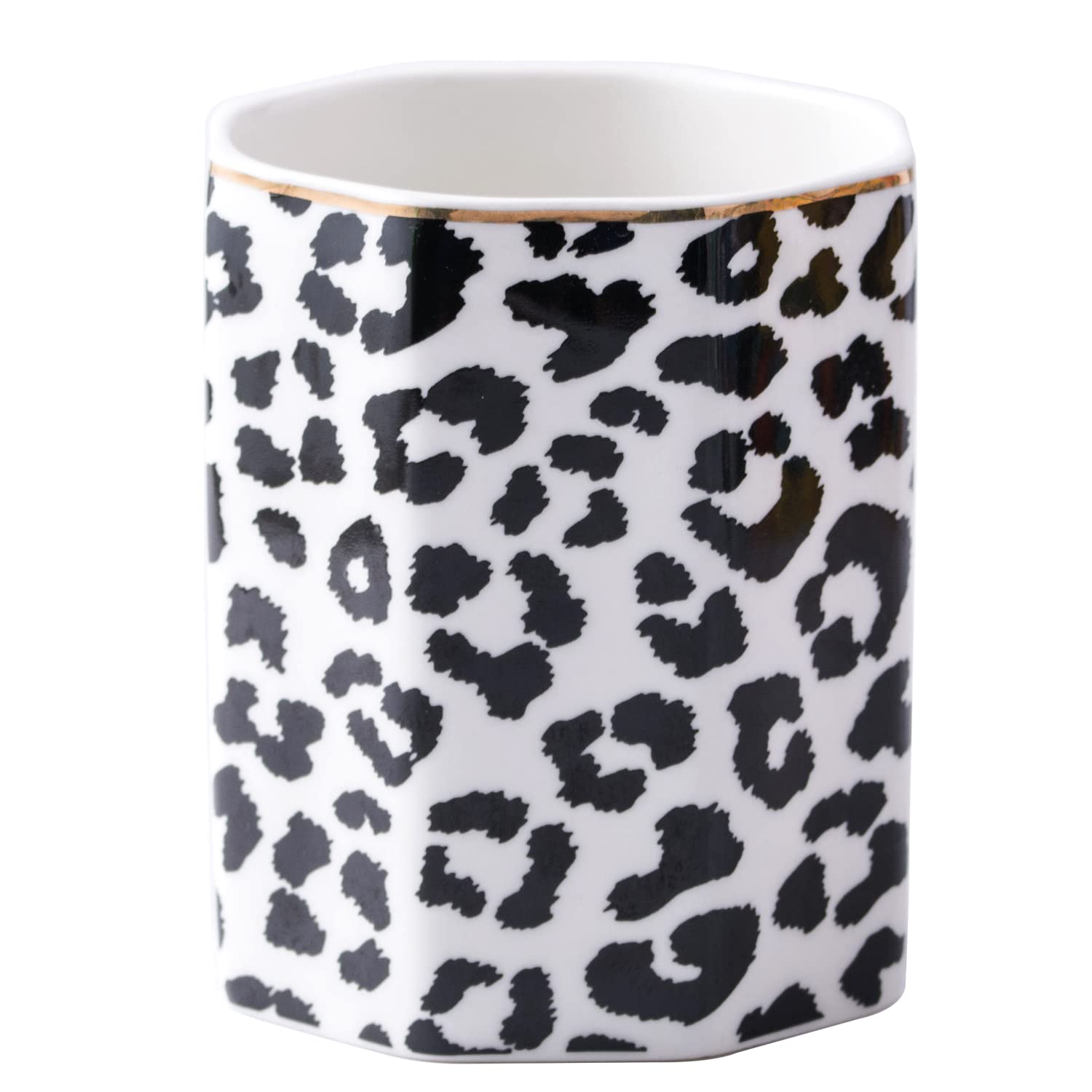 YOSCO Ceramic Pen Holder - Cute Flower Stand Pencil Cup & Desk Organizer for Women | Makeup Brush Holder & Office Decor (Leopard-White) | Perfect for Home Office, Study Desk & Gift for Girls