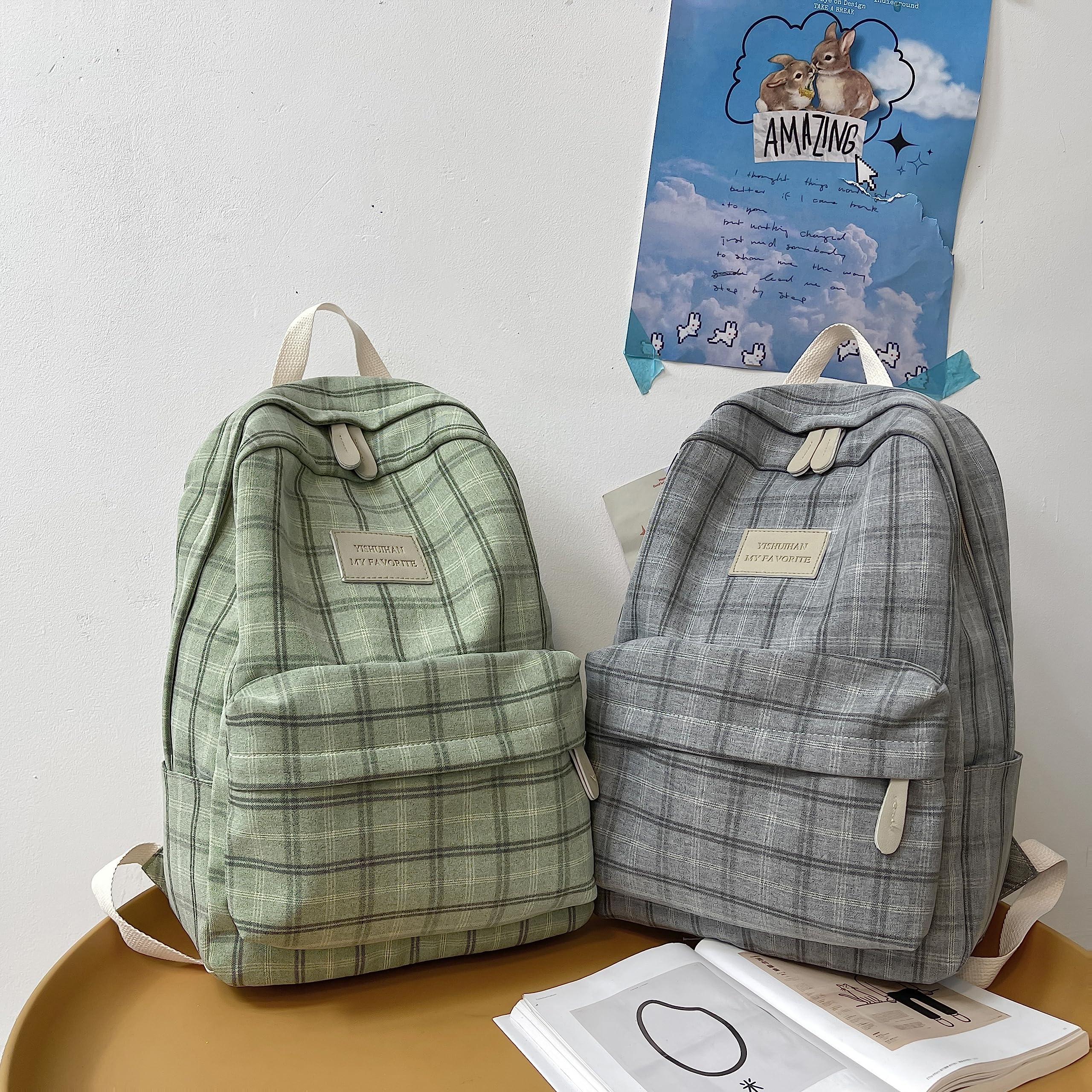 JHTPSLR Light Academia Aesthetic Backpack - Plaid Preppy School Bag for Teen Girls, Sage Green Bookbag | Perfect for College, High School & Daily Use